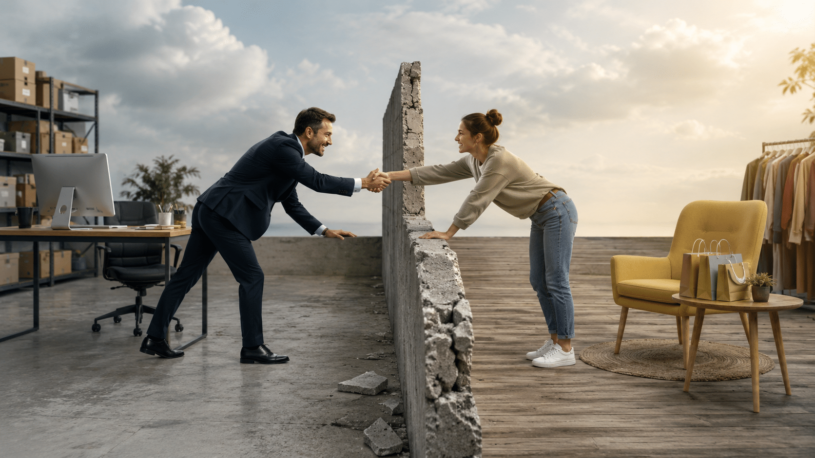 Frontière entre BtoB et BtoC dans la relation client : deux professionnels se serrant la main par-dessus un muret fissuré, illustration du rapprochement des approches commerciales