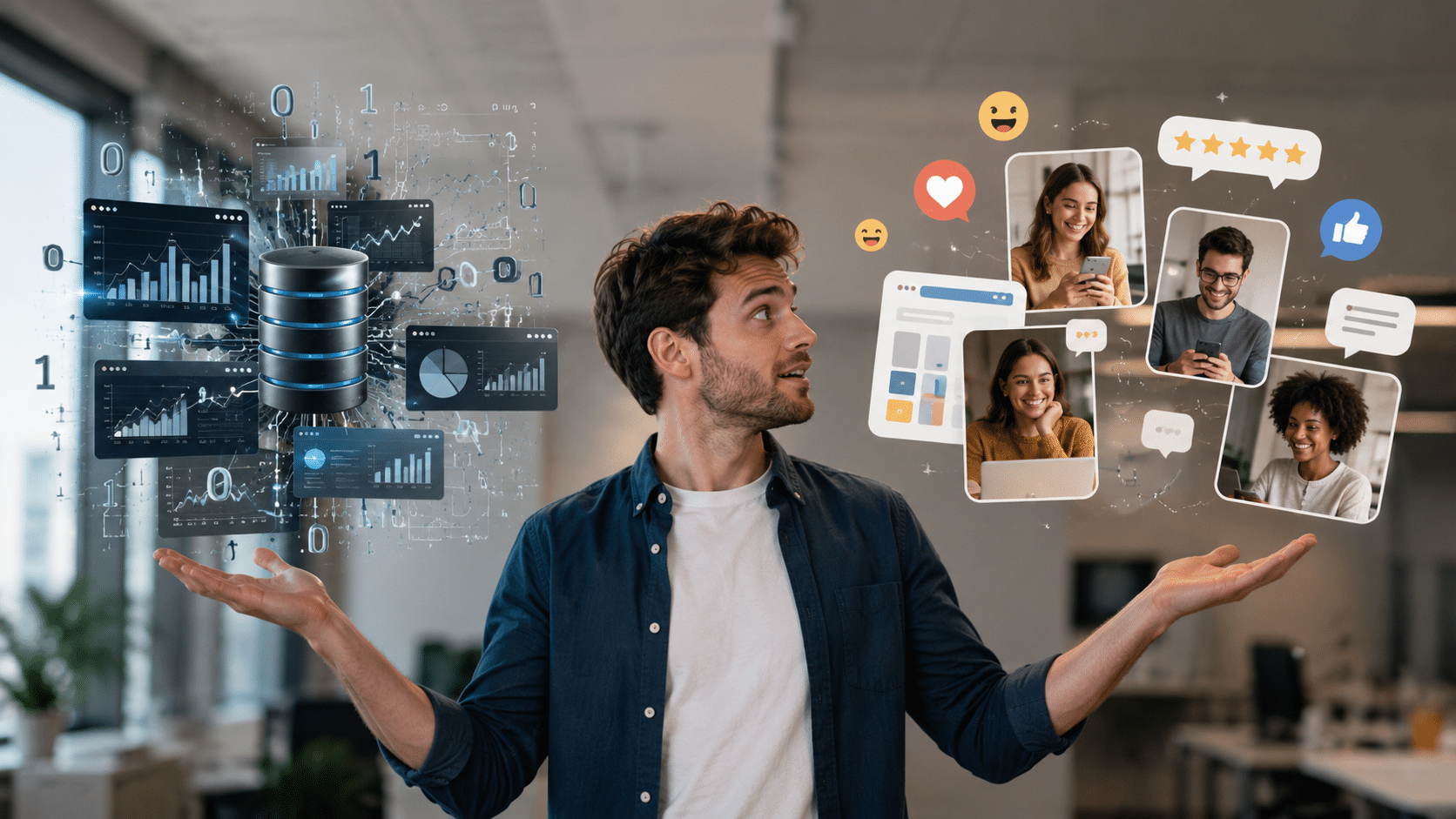 Données data au service de l'expérience client et utilisateur : homme équilibrant tableaux de bord analytiques et retours clients, illustration de la personnalisation par la donnée