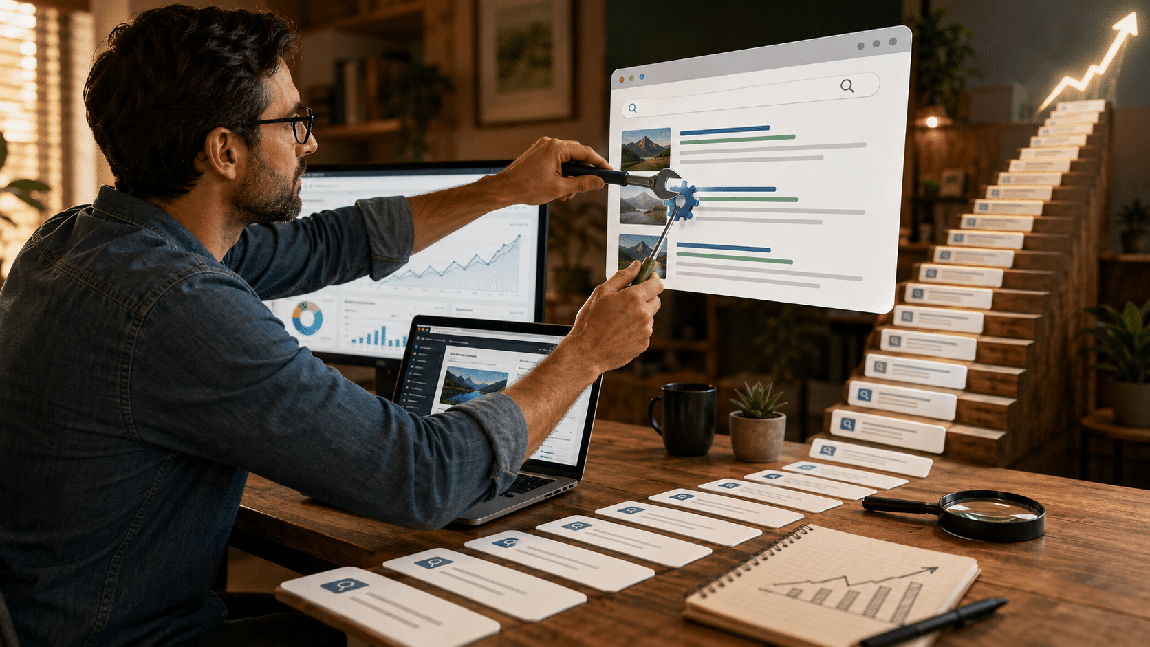 Stratégie de la longue traîne en SEO : homme analysant une page de résultats Google prolongée par une file de fiches, illustration des mots-clés de longue traîne