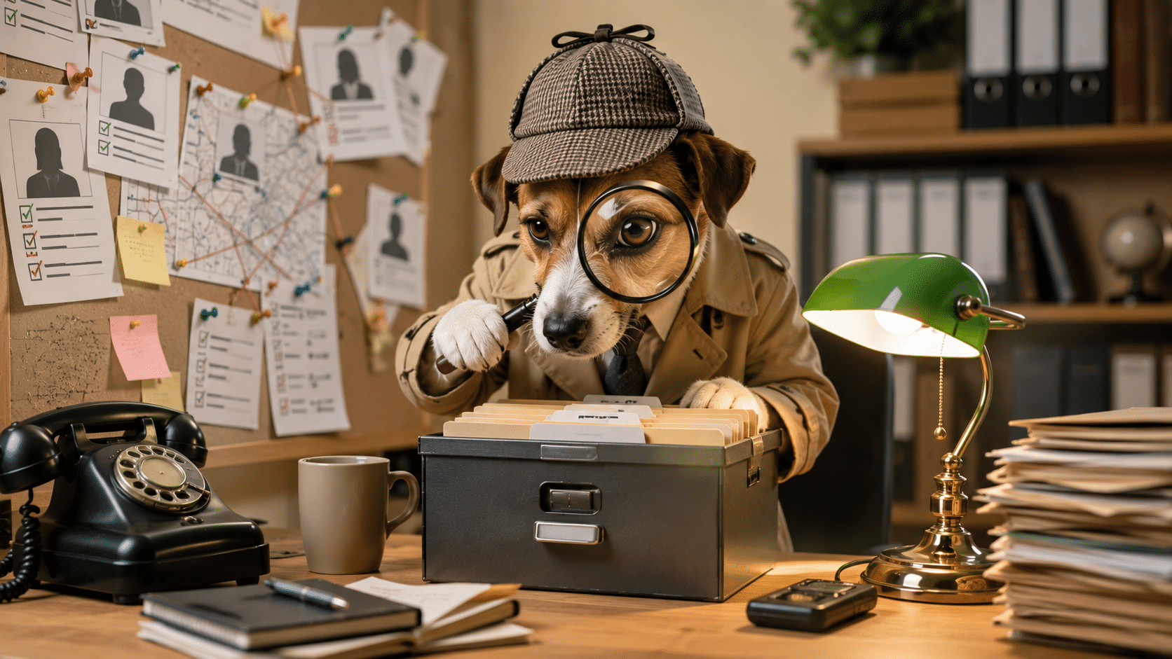 Fichier de prospection téléphonique pour centre d'appels : chien détective à la loupe examinant un fichier de contacts, illustration de la qualification des leads BtoB en France