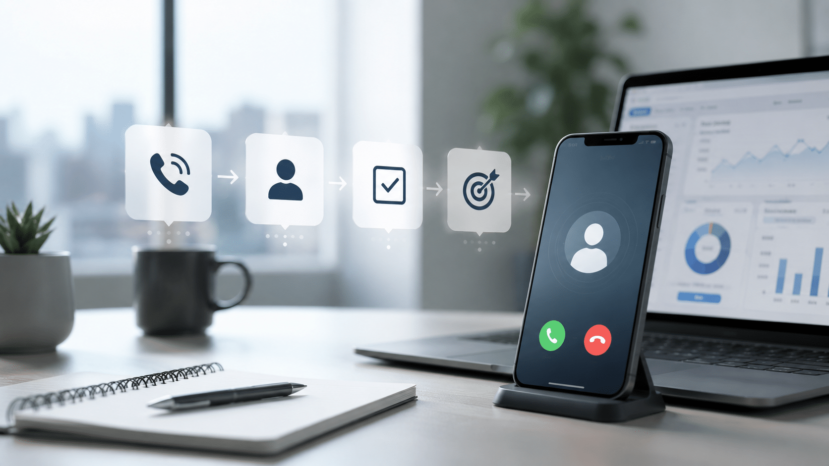 Argumentaire de vente et relance client externalisée : smartphone en appel entrant près d'un tableau de bord commercial, illustration du processus de prospection et de suivi des leads
