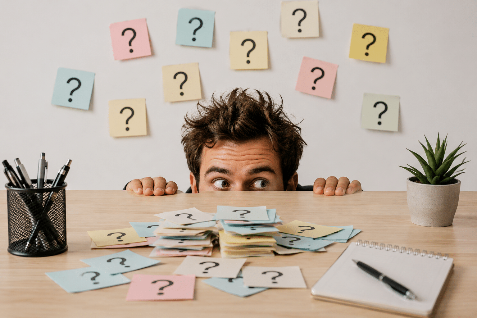 Les questions à poser pour vendre : commercial dépassé par une multitude de post-it points d'interrogation, illustration de l'art du questionnement dans la découverte des besoins client