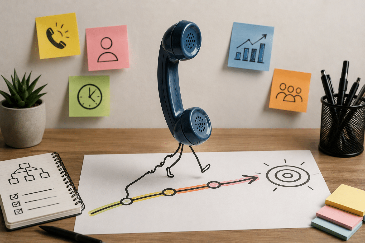 Plan d'appel ou script de prospection téléphonique : combiné téléphonique suivant un parcours fléché vers une cible, illustration du scénario d'appel menant à la prise de rendez-vous