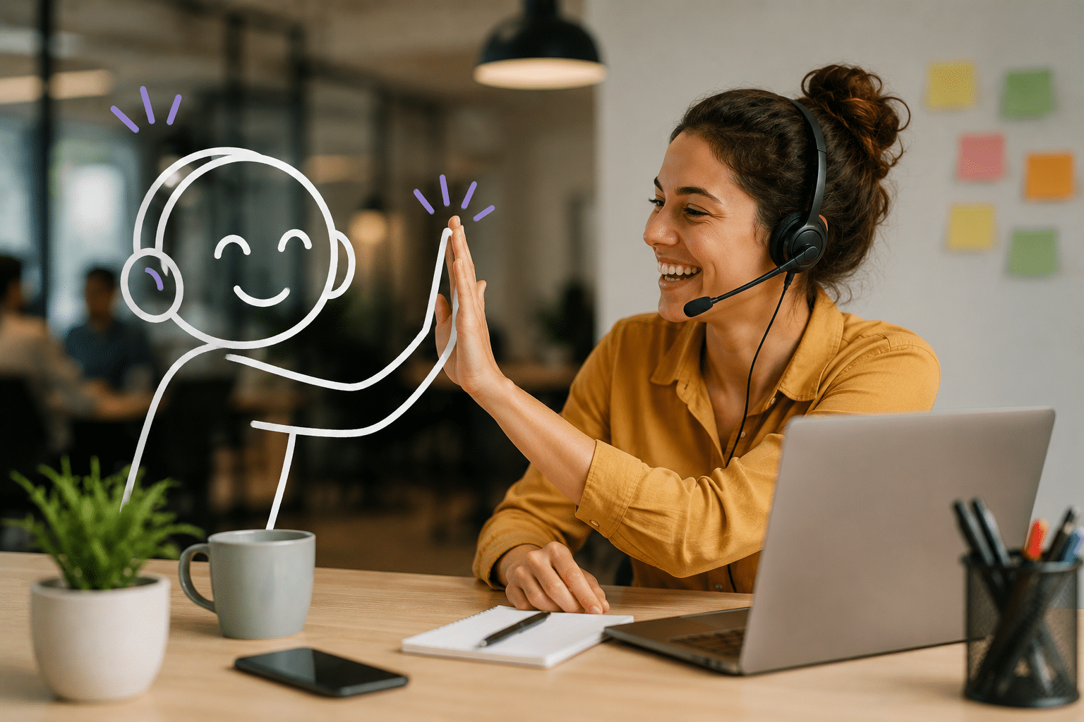 Définition et usage du callbot externalisé en France : téléconseillère avec casque tapant dans la main d'un personnage dessiné, illustration de la collaboration entre agent humain et agent IA
