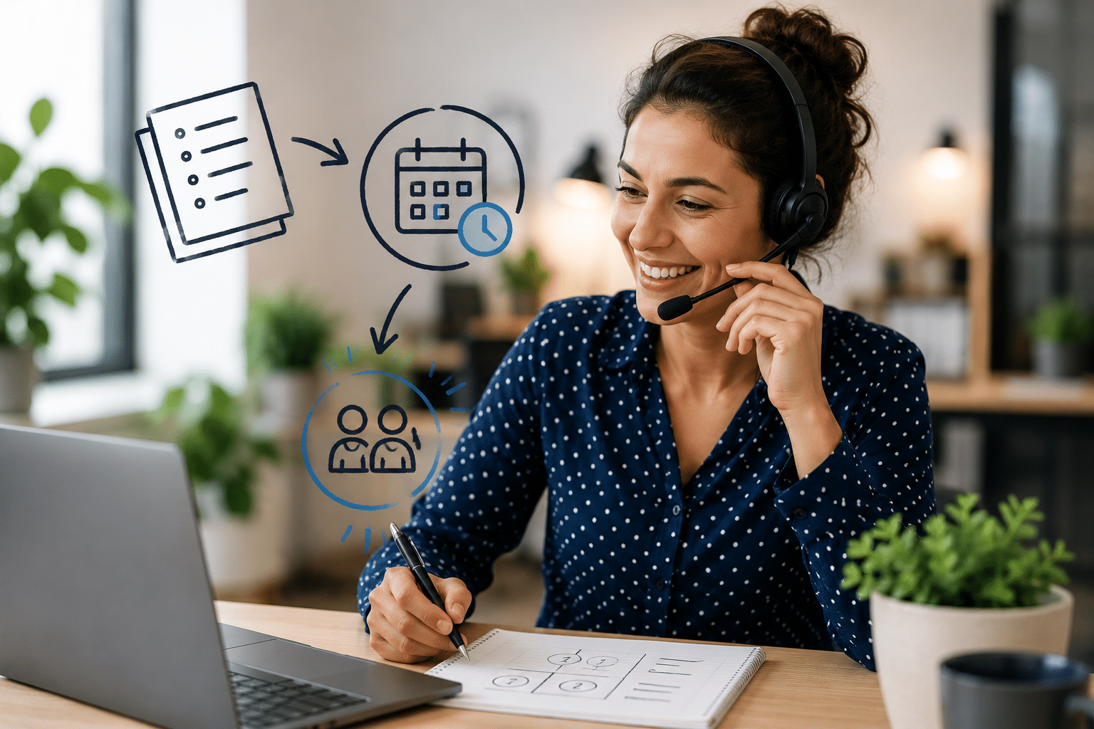 Script de prospection téléphonique pour la prise de rendez-vous : téléconseillère avec casque suivant un déroulé menant du script au rendez-vous planifié, illustration de l'appel commercial structuré