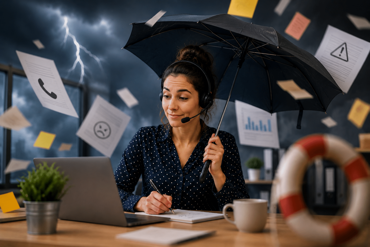 Gestion de crise par un centre d'appels en France : téléconseillère sereine sous un parapluie face à une tempête de sollicitations, illustration de la continuité du service client en situation critique