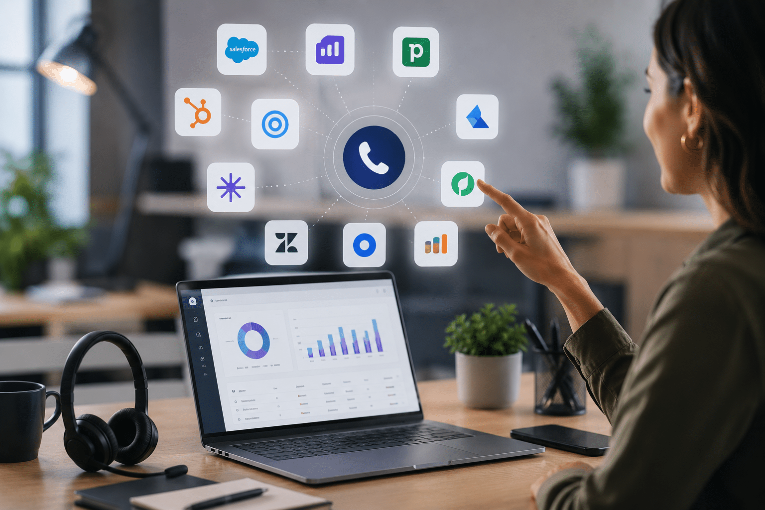 Logiciels et CRM pour la relation client en centre d'appels : professionnelle sélectionnant des applications métier au-dessus d'un tableau de bord analytique, illustration de l'écosystème d'outils du call center