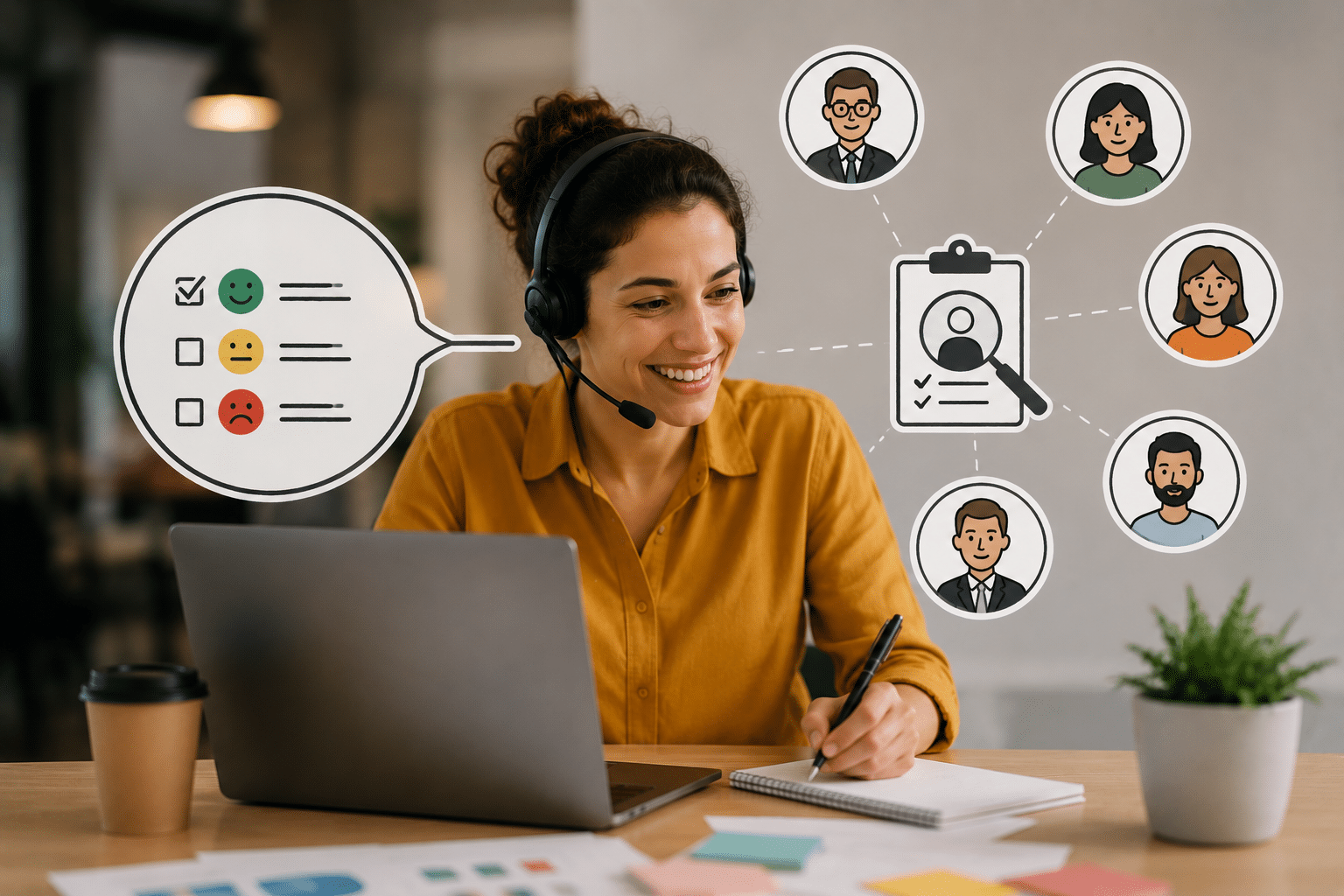 Enquêtes téléphoniques externalisées à un centre d'appels : enquêtrice avec casque collectant des réponses auprès d'un panel de répondants, illustration des sondages et études de satisfaction par téléphone