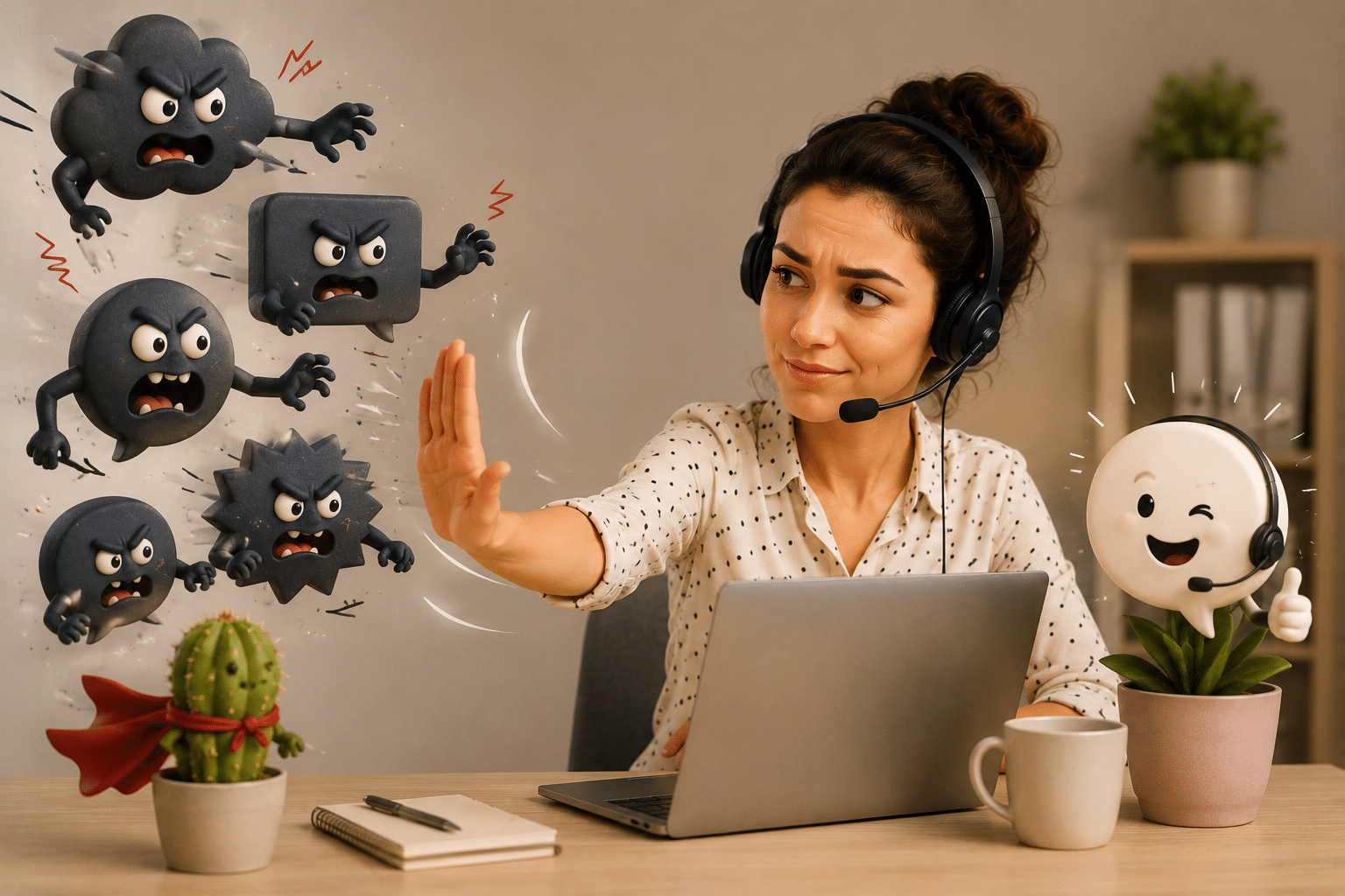 Liste des mots noirs à éviter en prospection téléphonique : téléconseillère repoussant des mots négatifs et gardant à ses côtés un mot positif souriant, illustration du vocabulaire à bannir au téléphone