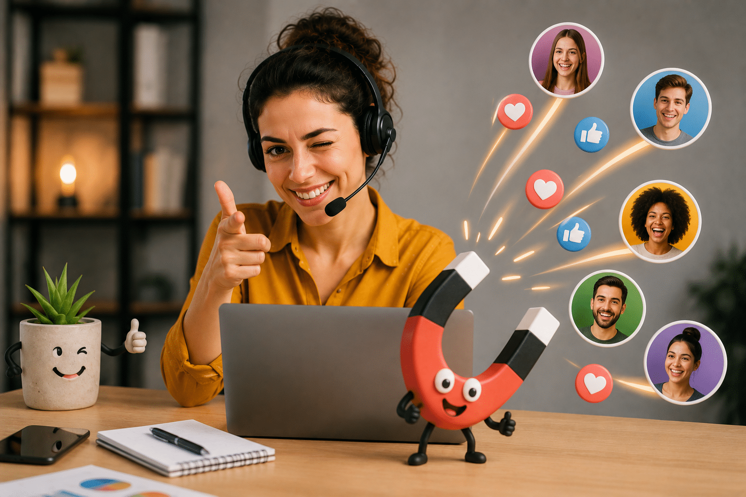 Externalisation du recrutement via les réseaux sociaux : recruteuse avec casque attirant des profils de candidats grâce à un aimant, illustration du sourcing social et de l'attraction des talents