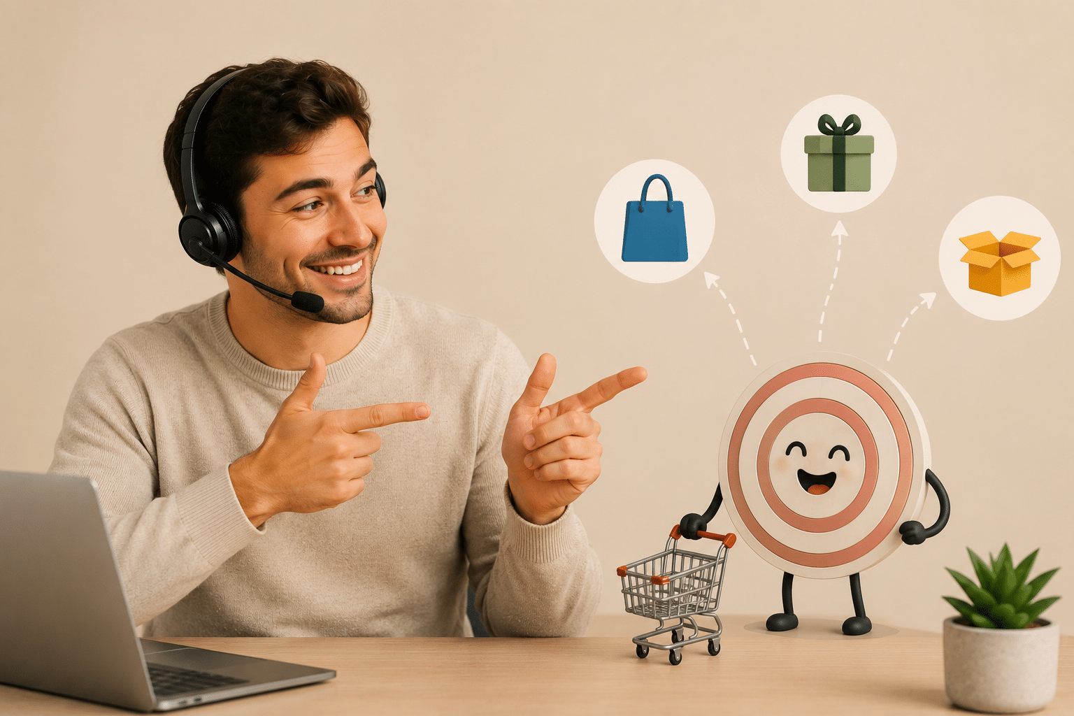 Augmenter le chiffre d'affaires par le cross-selling et l'up-selling en centre d'appels : téléconseiller et caddie-cible symbolisant la vente additionnelle, illustration du développement des ventes par téléphone