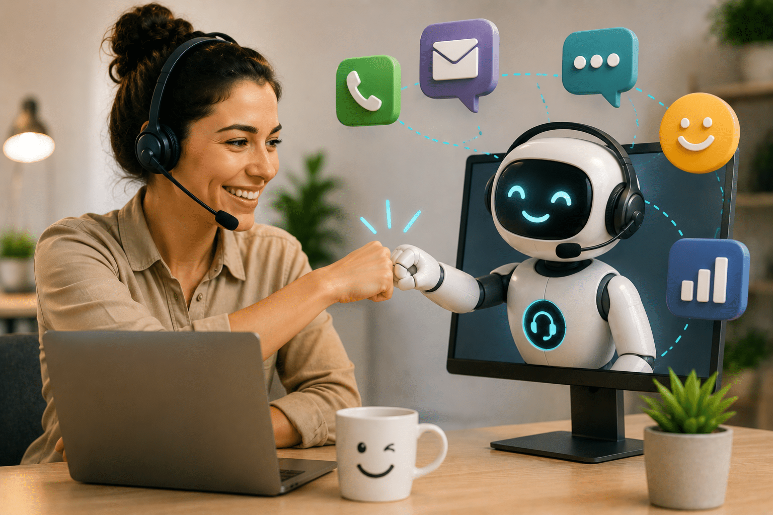 Service client augmenté par l'IA : téléconseillère et robot conversationnel se tapant le poing, illustration de la collaboration homme-IA au service de la relation client