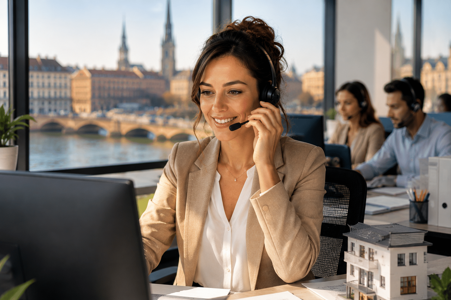Conseillère au téléphone assurant l’assistance téléphonique pour une entreprise du bâtiment