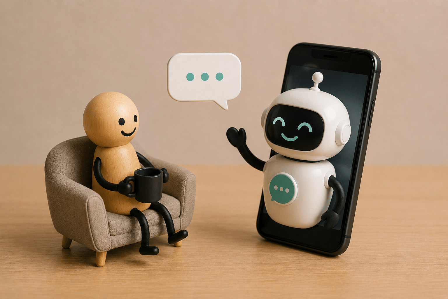 Chatbot et callbot pour la relation client externalisée : robot conversationnel assistant une figurine, illustration de l'IA au service du service client