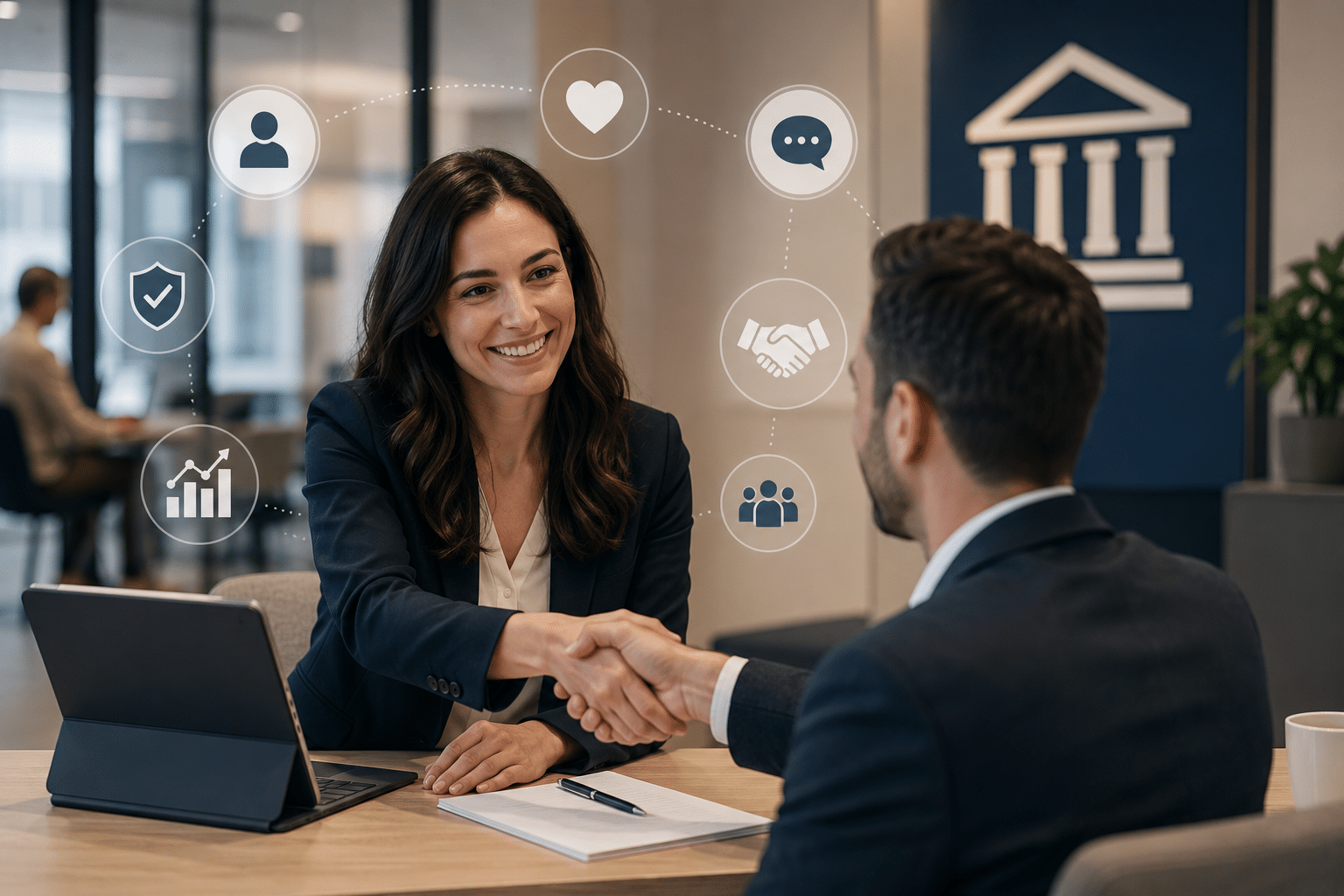 Centre d’appel en France pour banque avec conseillère accompagnant un client bancaire