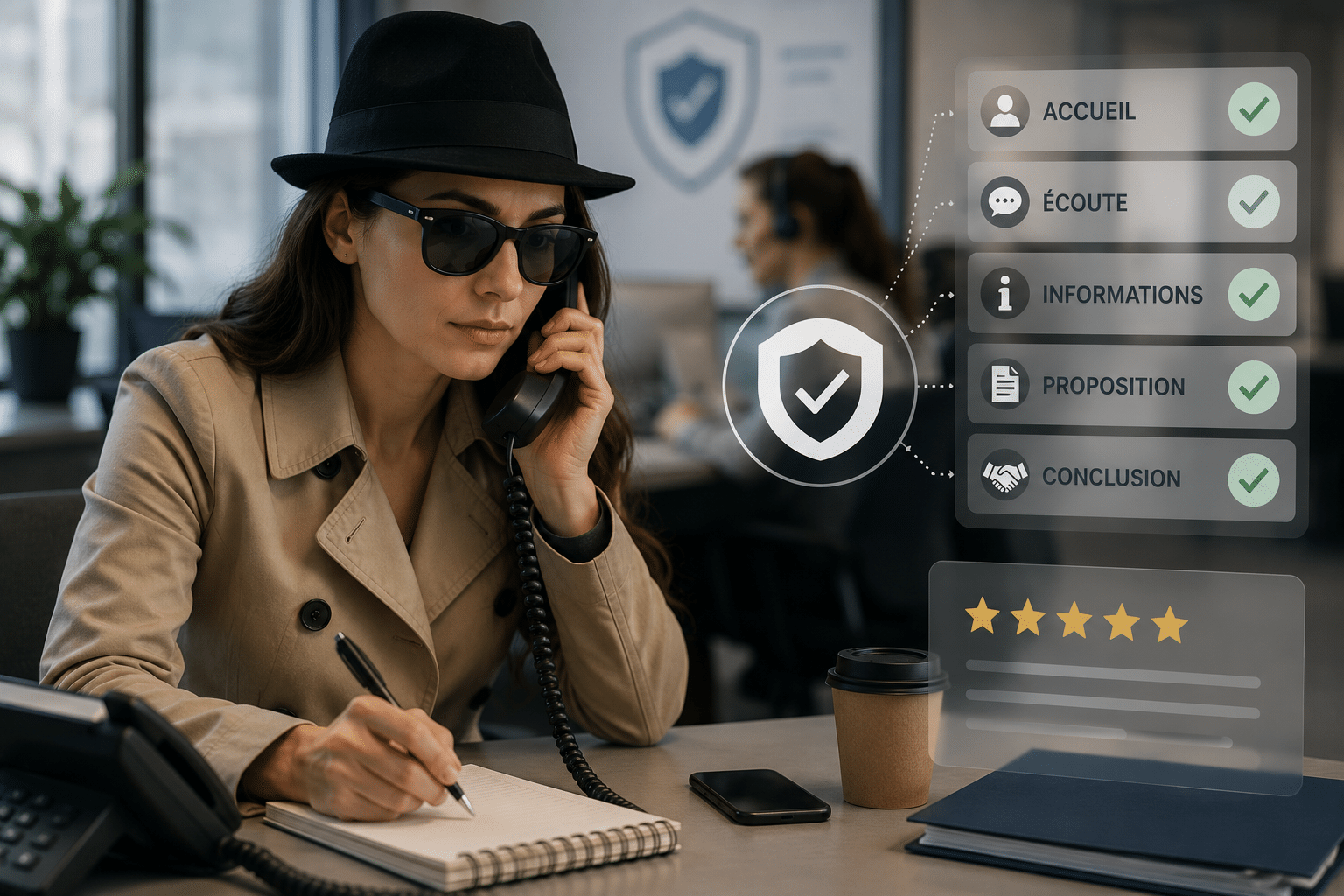 Enquêtrice réalisant un appel mystère en France pour évaluer l’accueil et la qualité du service client