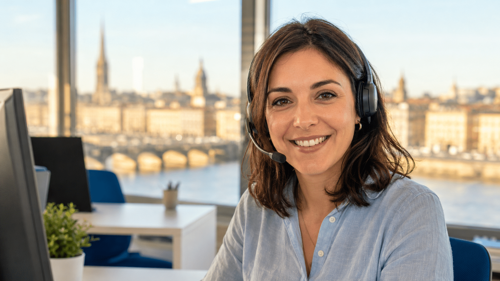 Conseillère avec casque dans un centre d’appels externalisé à Bordeaux