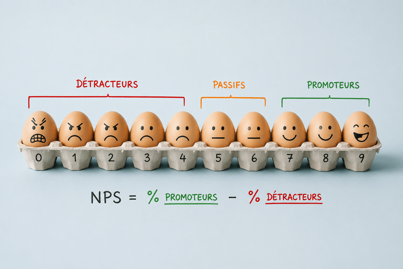 Échelle NPS avec promoteurs, passifs et détracteurs pour mesurer la satisfaction client