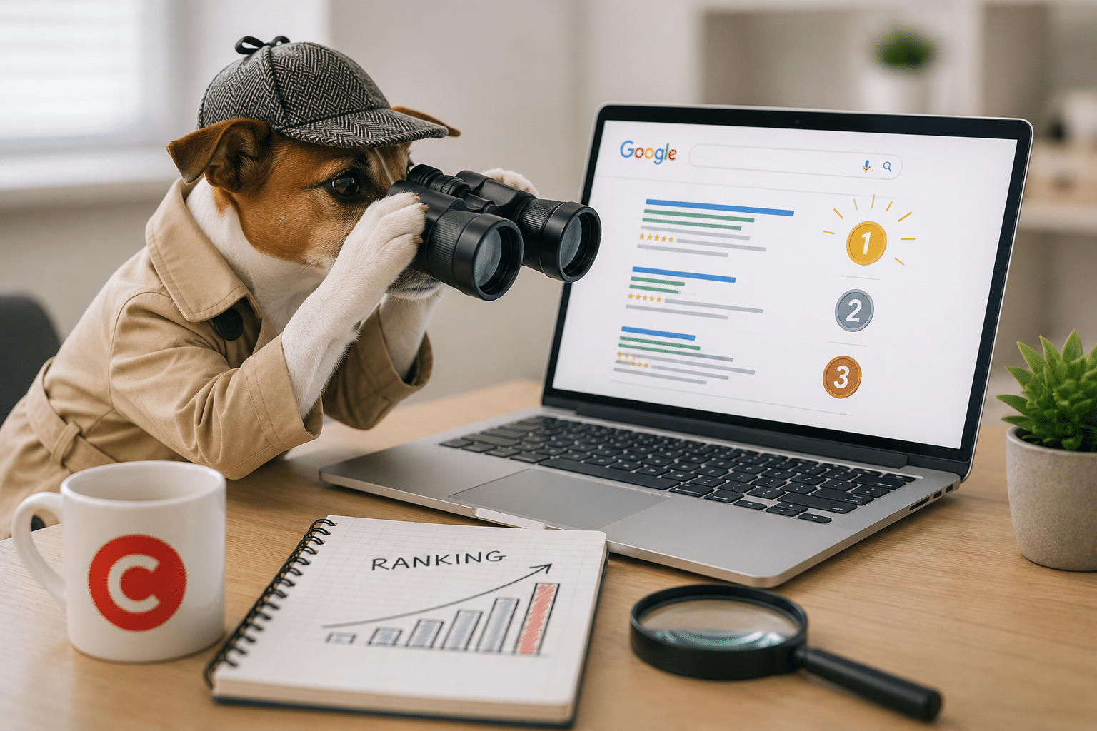 Analyse du ranking Google avec ordinateur affichant les résultats de recherche et audit SEO
