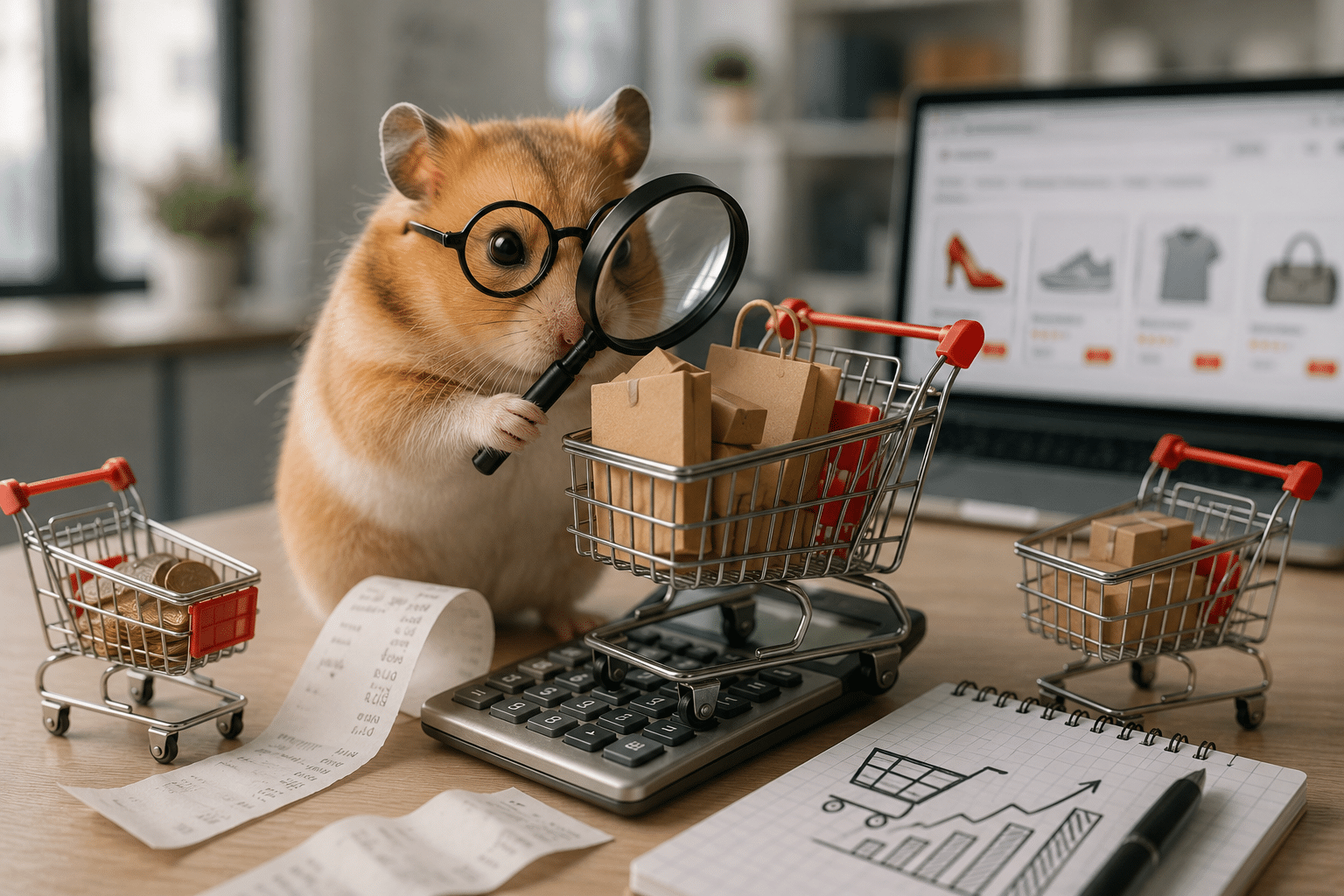Analyse du panier moyen en vente avec calculatrice, caddies et tableau de bord e-commerce