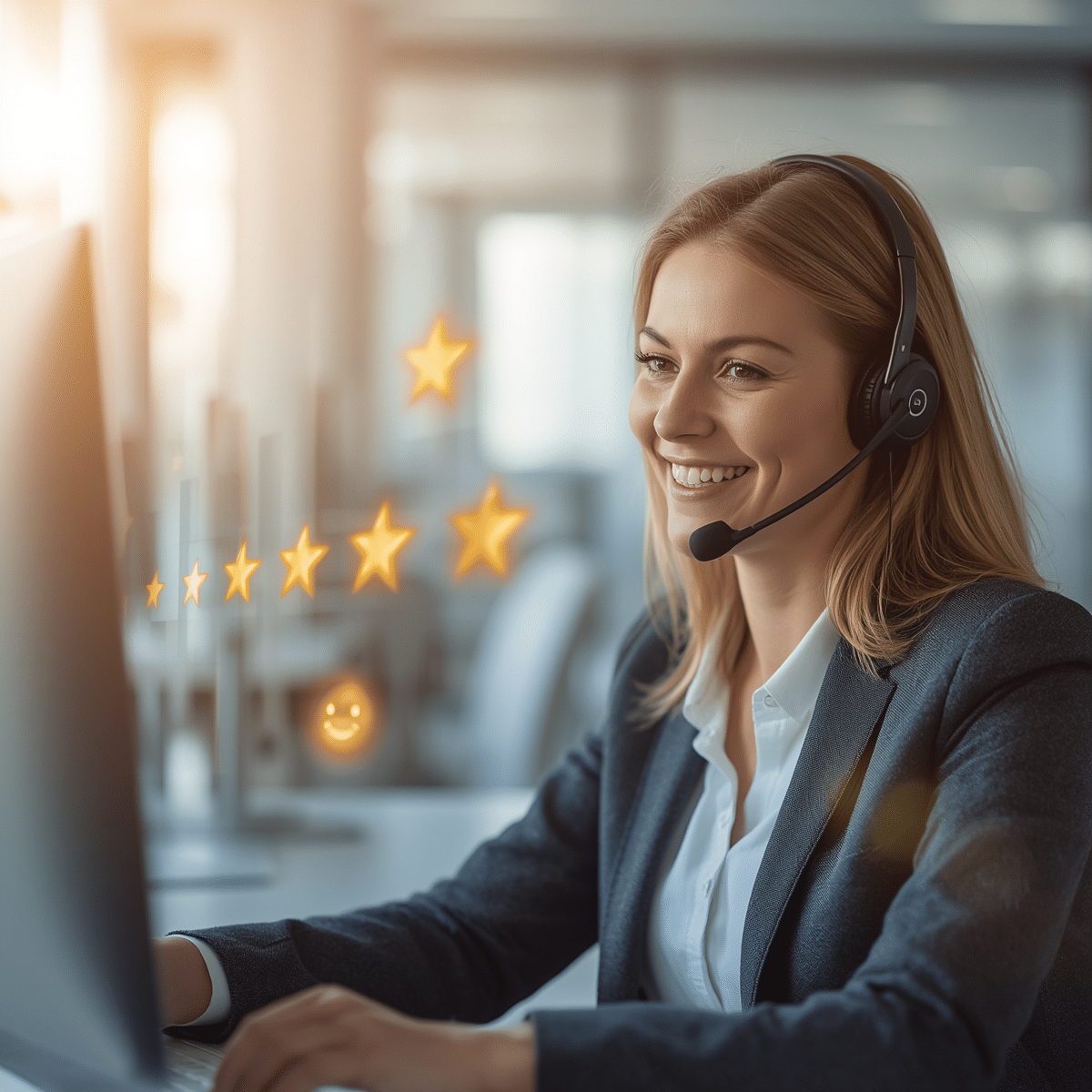 Conseillère clientèle souriante avec casque devant une note cinq étoiles de satisfaction client