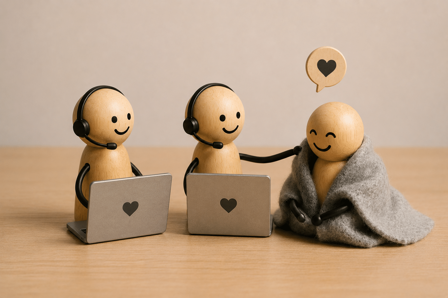 Centre d'appels en France : externalisation de la relation client, figurines illustrant l'entraide et la satisfaction client