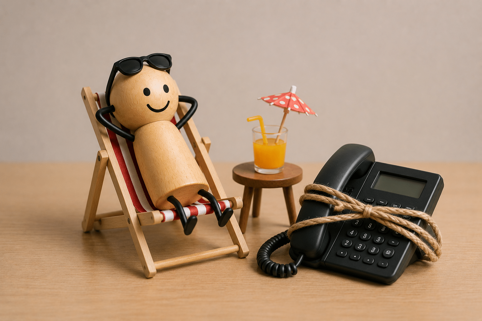 Externalisation du standard téléphonique : figurine détendue en transat près d'un téléphone, symbole d'un accueil téléphonique confié à un centre d'appels en France