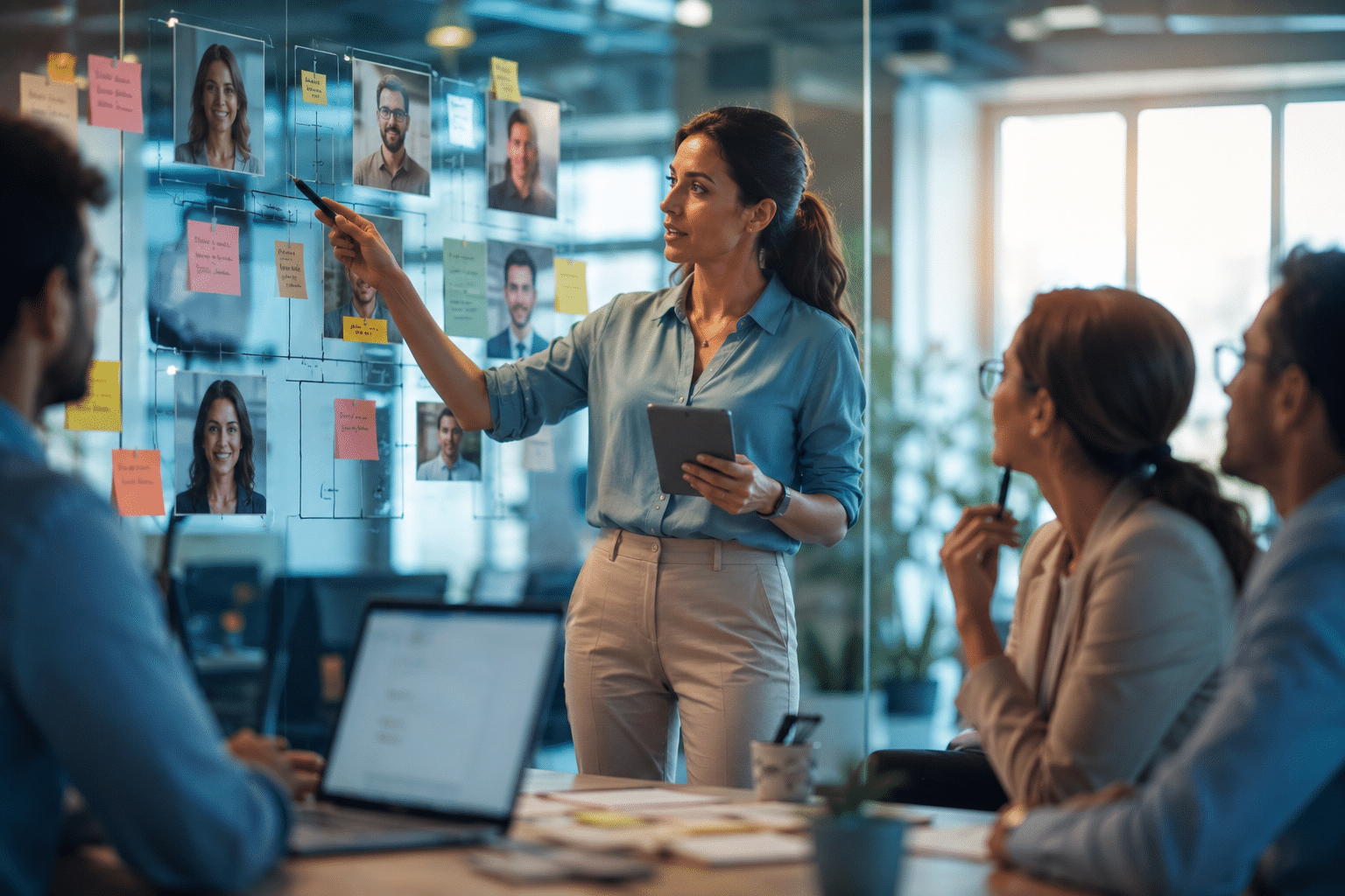 Équipe commerciale préparant une stratégie de génération de leads avec prospects affichés sur écran