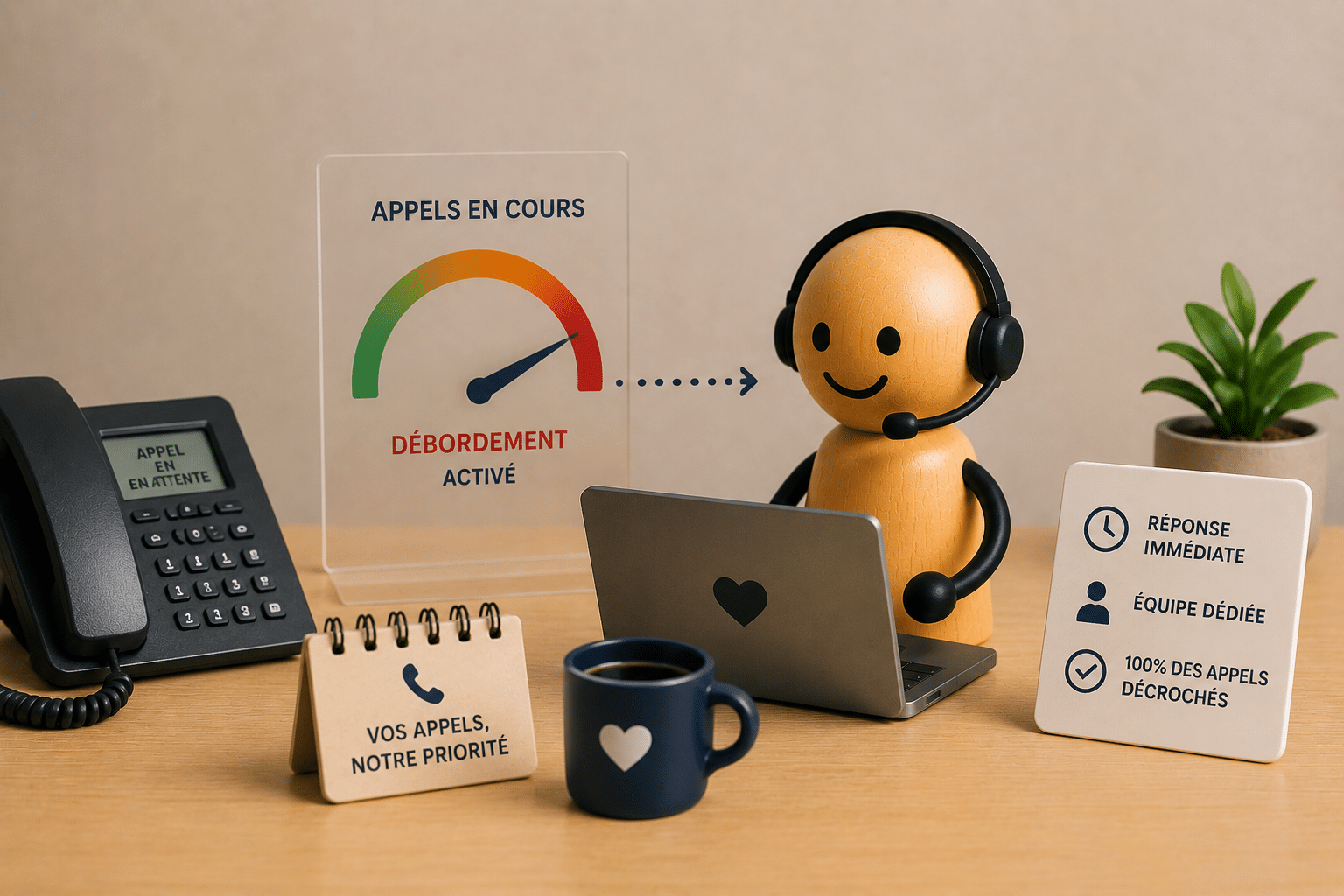 Gestion des appels débordants en entreprise : figurine avec casque traitant un pic d'appels, illustration du débordement d'appels confié à un centre d'appels