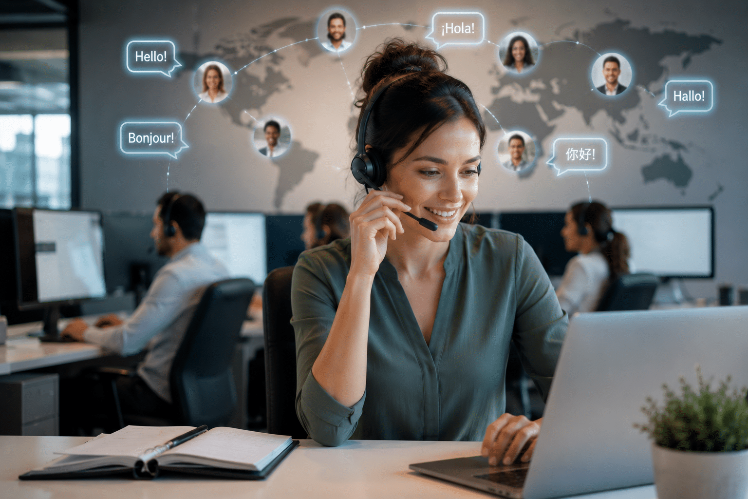 Téléconseillère multilingue gérant des leads internationaux depuis un centre de contact