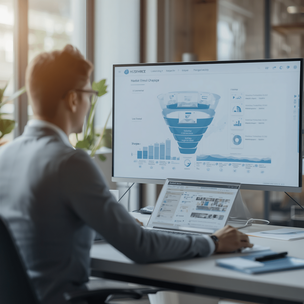Professionnel analysant un tableau de bord commercial avec entonnoir de conversion sur grand écran