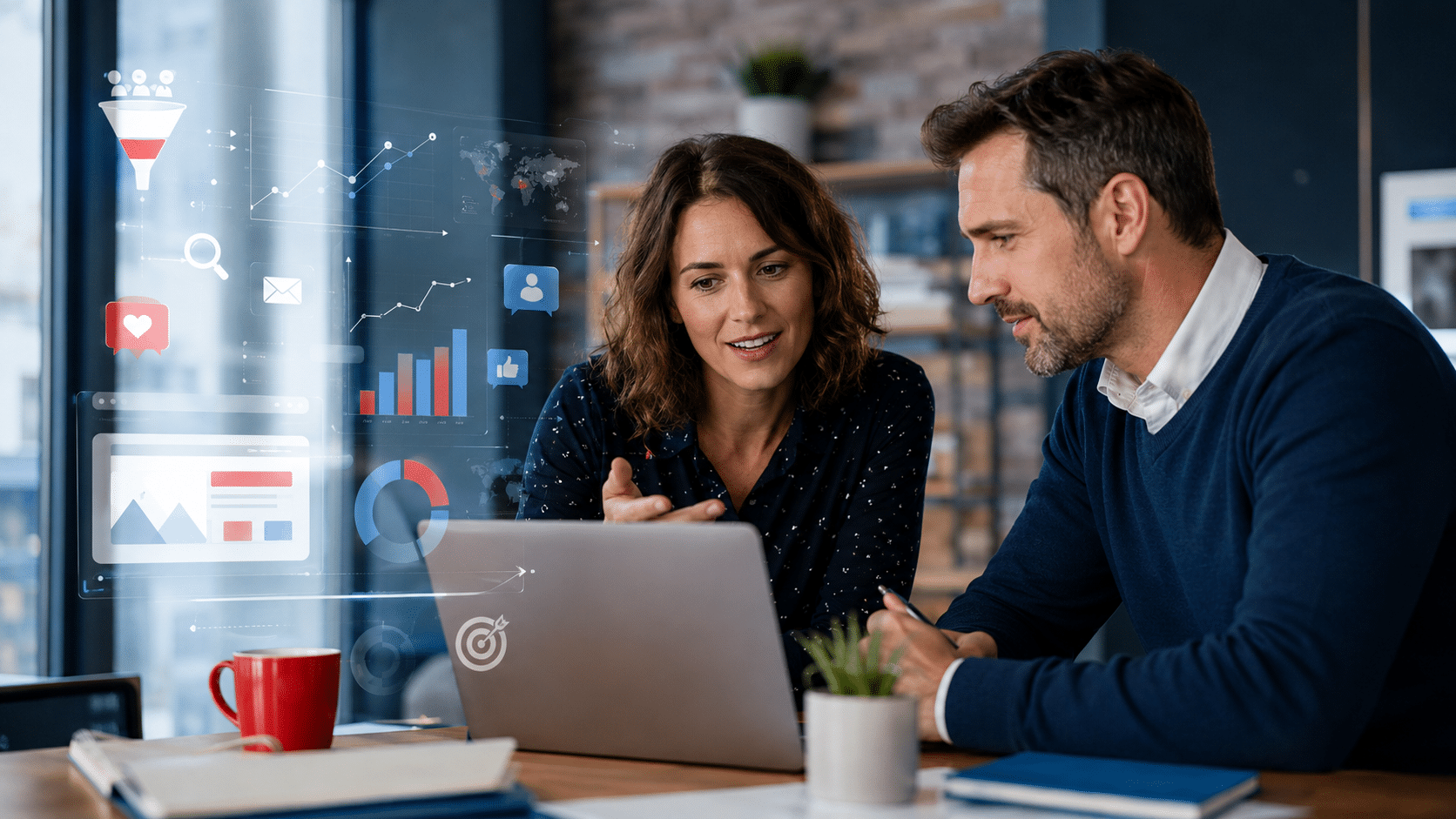 Consultants analysant une stratégie de marketing digital externalisé sur ordinateur portable