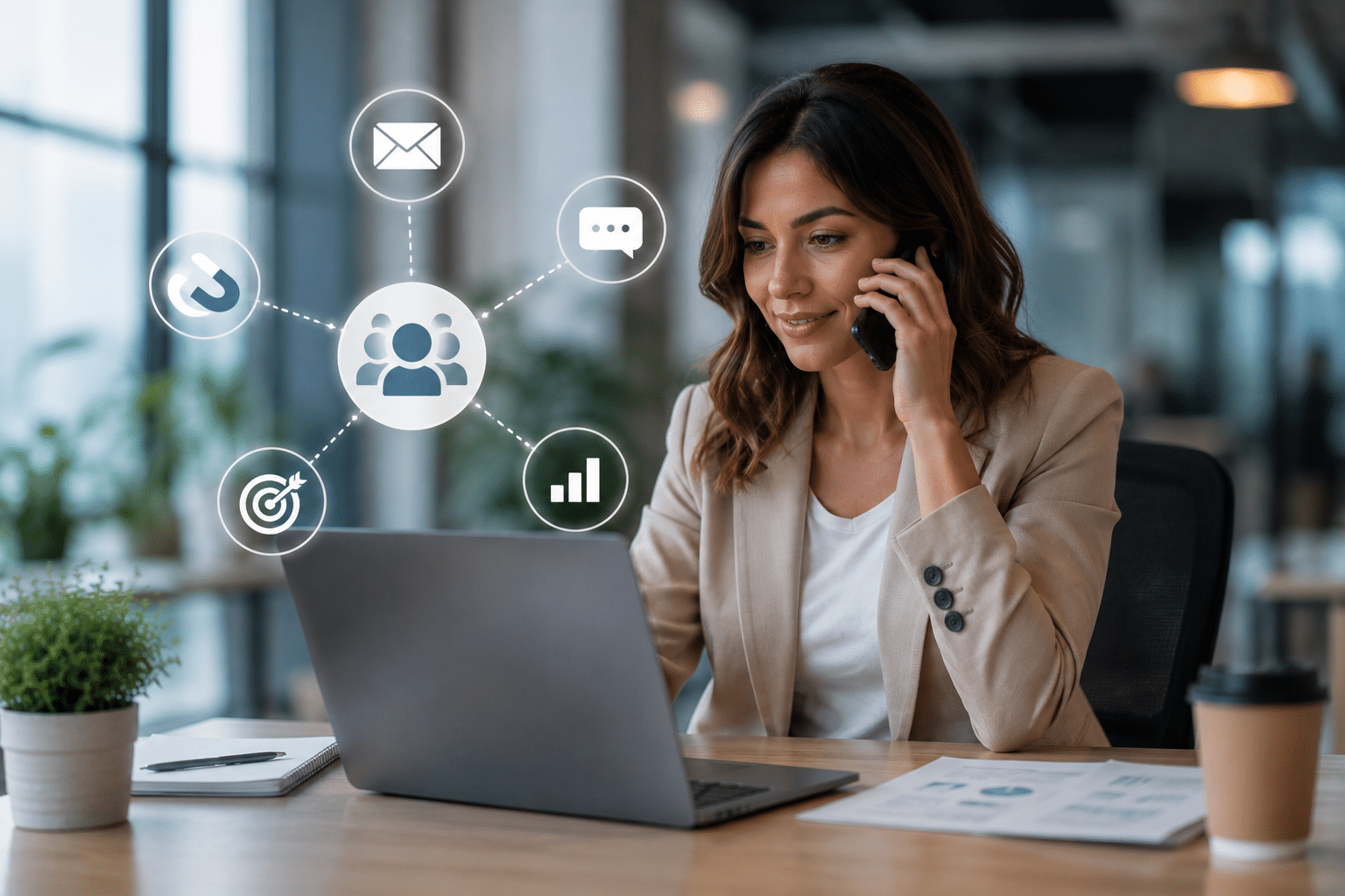 Commerciale au téléphone menant une campagne d’outbound marketing avec outils multicanaux