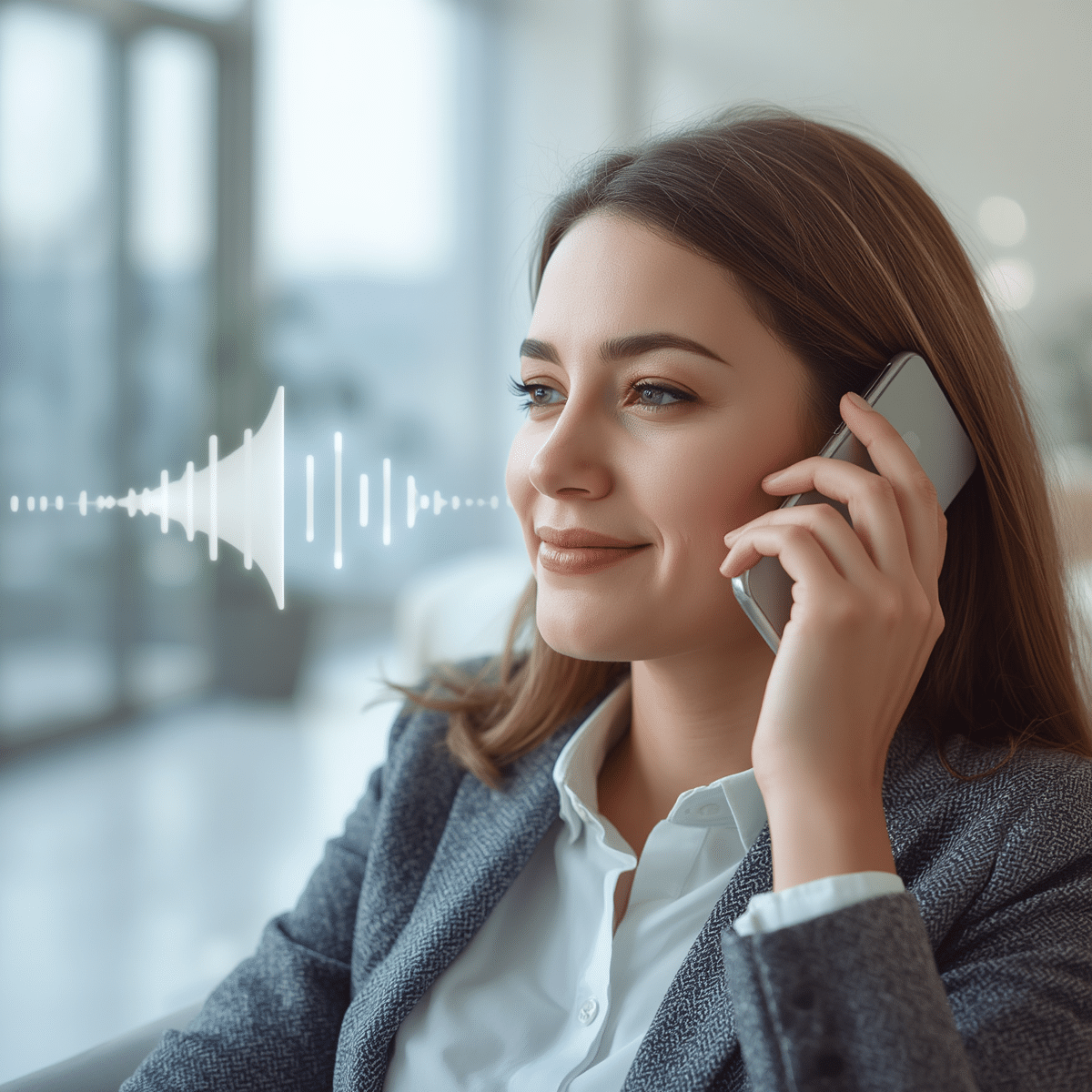 Femme au téléphone avec visualisation d’onde sonore pour illustrer un appel vocal client