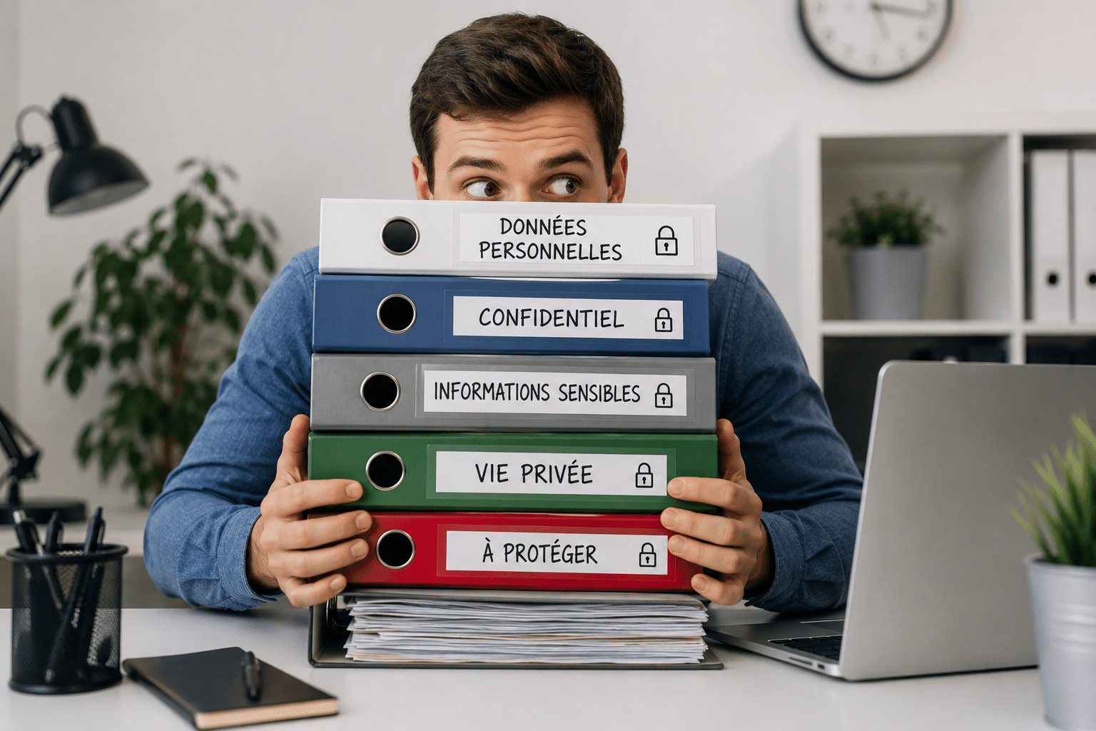 Politique de gestion des données personnelles : professionnel tenant une pile de classeurs étiquetés, illustration de la conformité RGPD et de la protection des données chez un centre d'appels