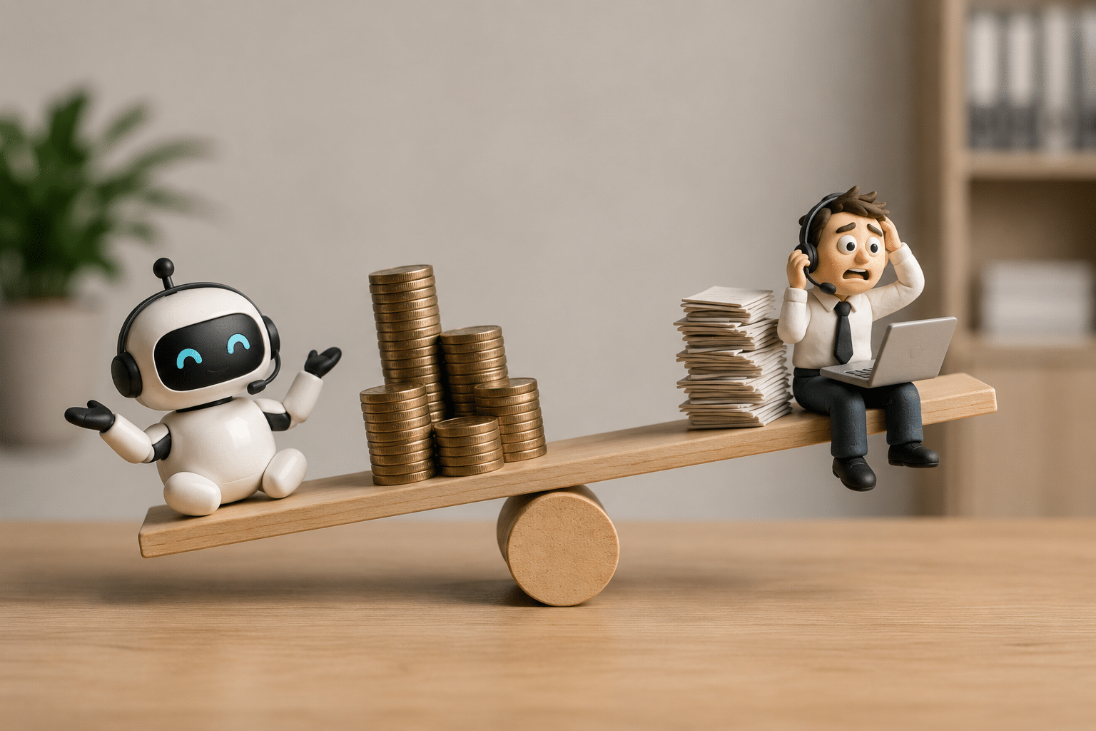 Prix et budget des agents virtuels chatbot, callbot et voicebot : balance comparant le coût d'un robot conversationnel et d'un agent humain pour la relation client