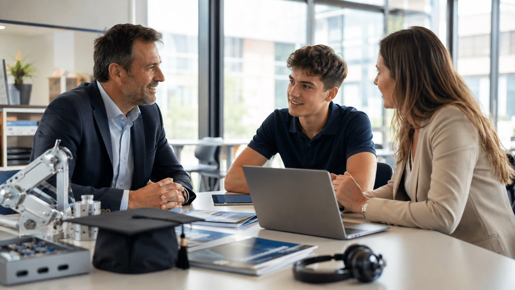 Entretien d’orientation avec un étudiant pour promouvoir les formations d’une école de commerce