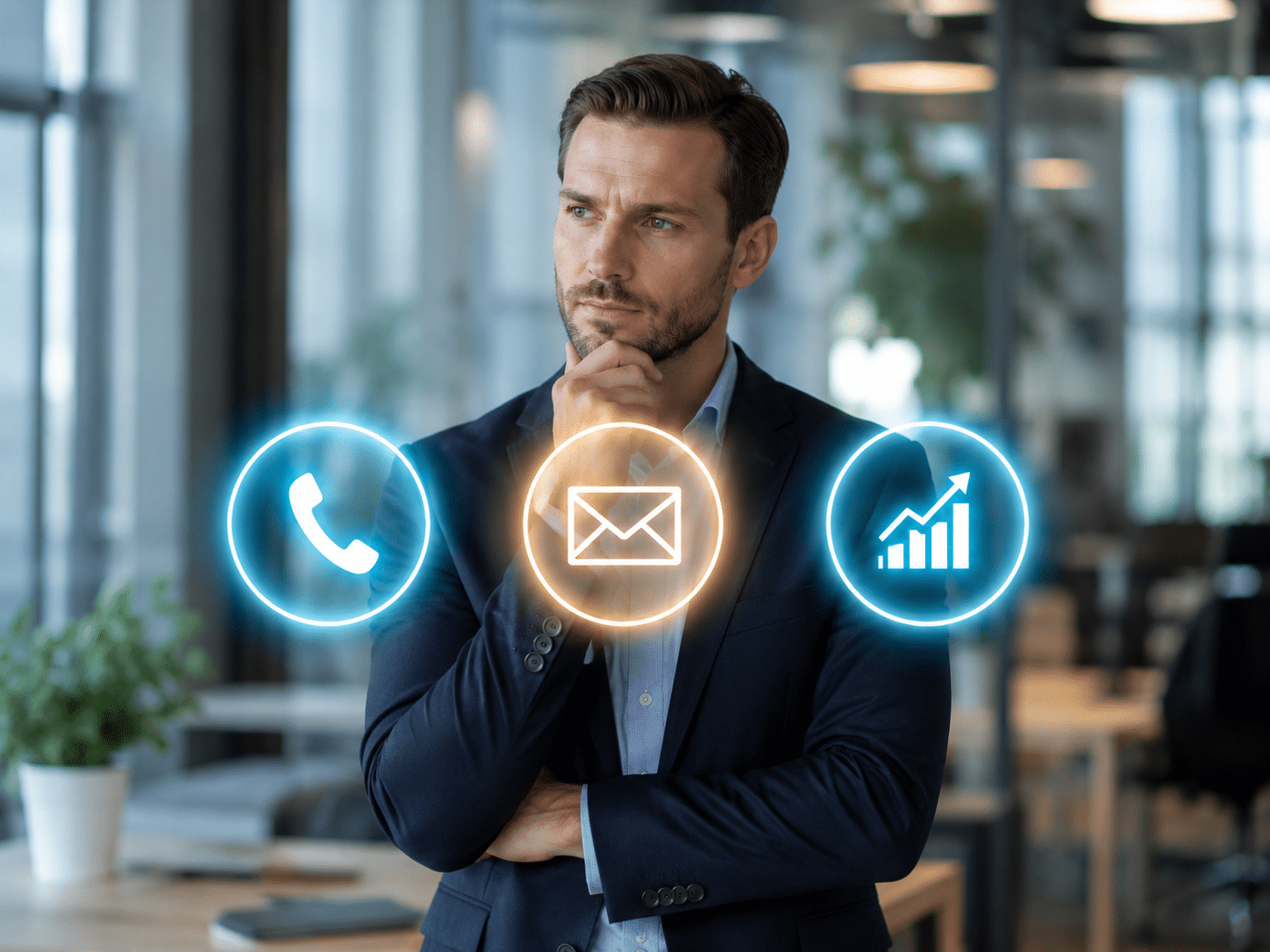Dirigeant choisissant entre téléphone, email et reporting pour piloter sa relation client ou sa prospection multicanale