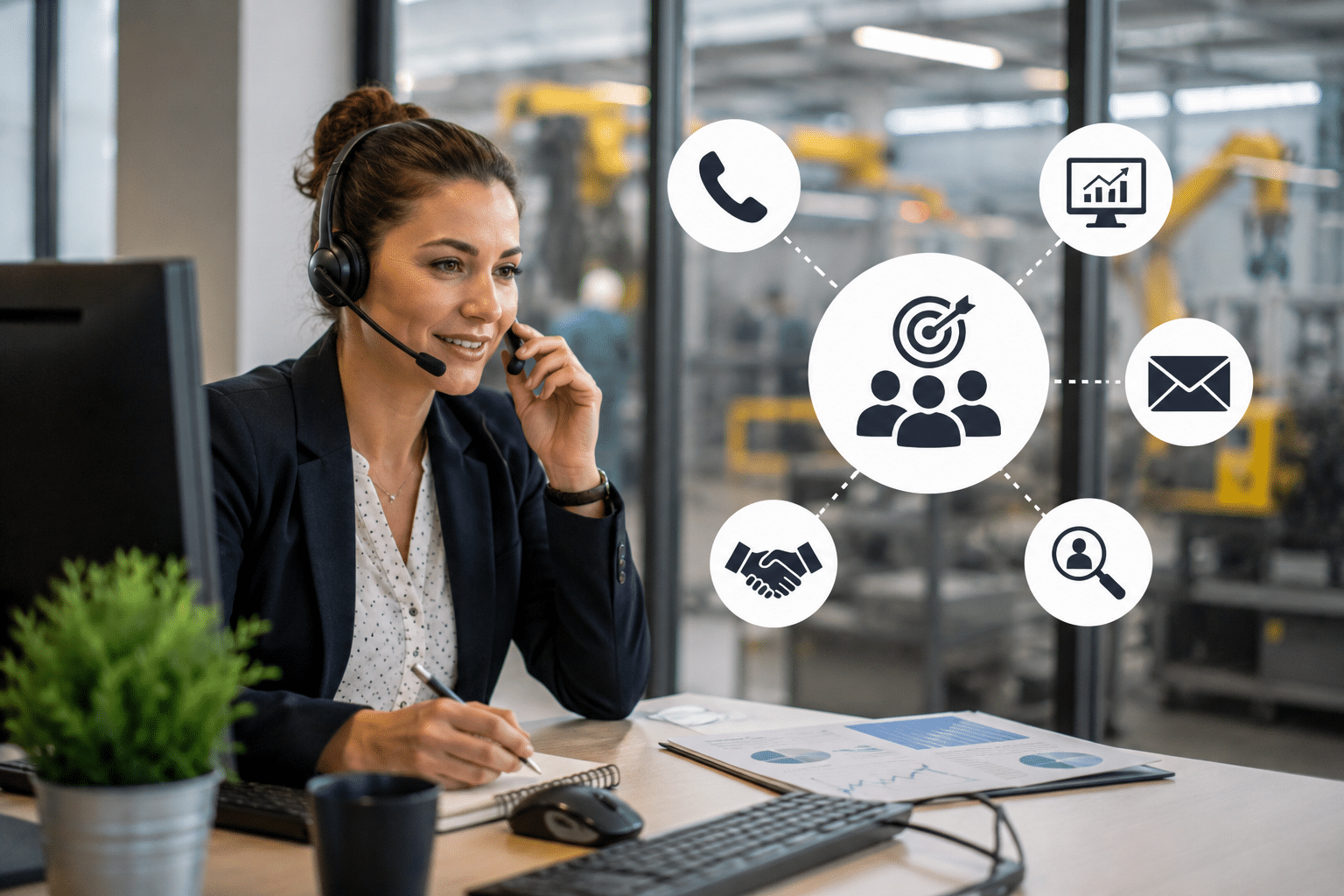Téléconseillère menant une prospection commerciale externalisée en France depuis un centre d’appels