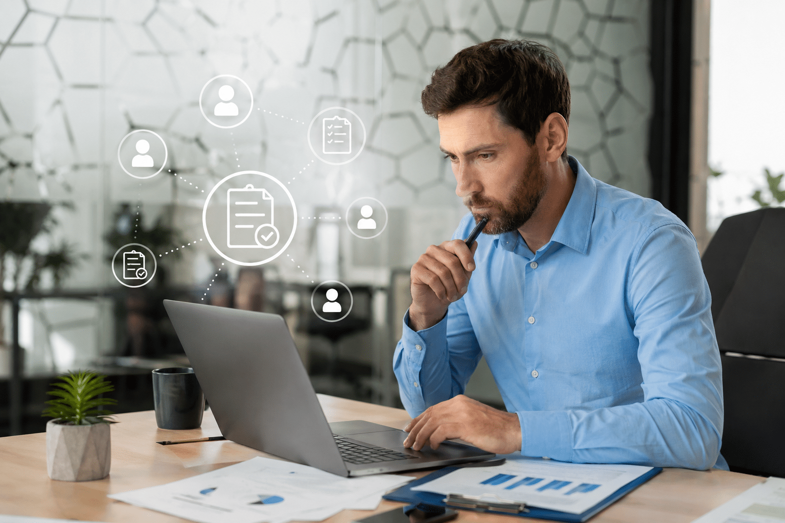 Consultant analysant un fichier de prospects B2B pour qualifier des contacts commerciaux
