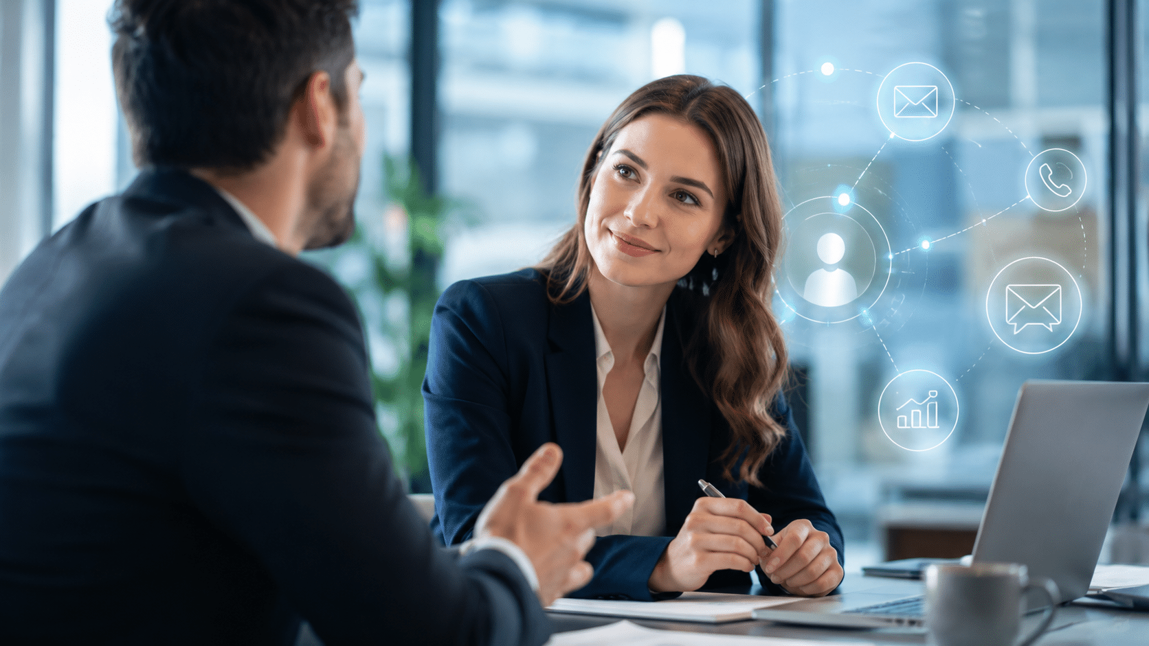 Conseillère écoutant un client lors d’un rendez-vous professionnel sur la relation client