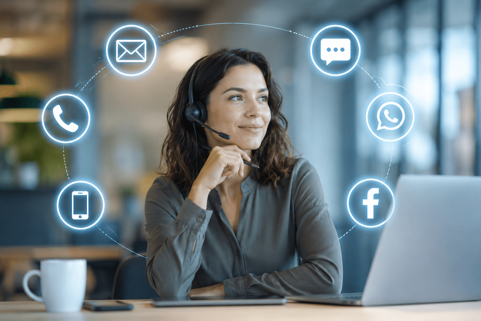 Conseillère clientèle avec casque gérant une relation client multicanale depuis un ordinateur