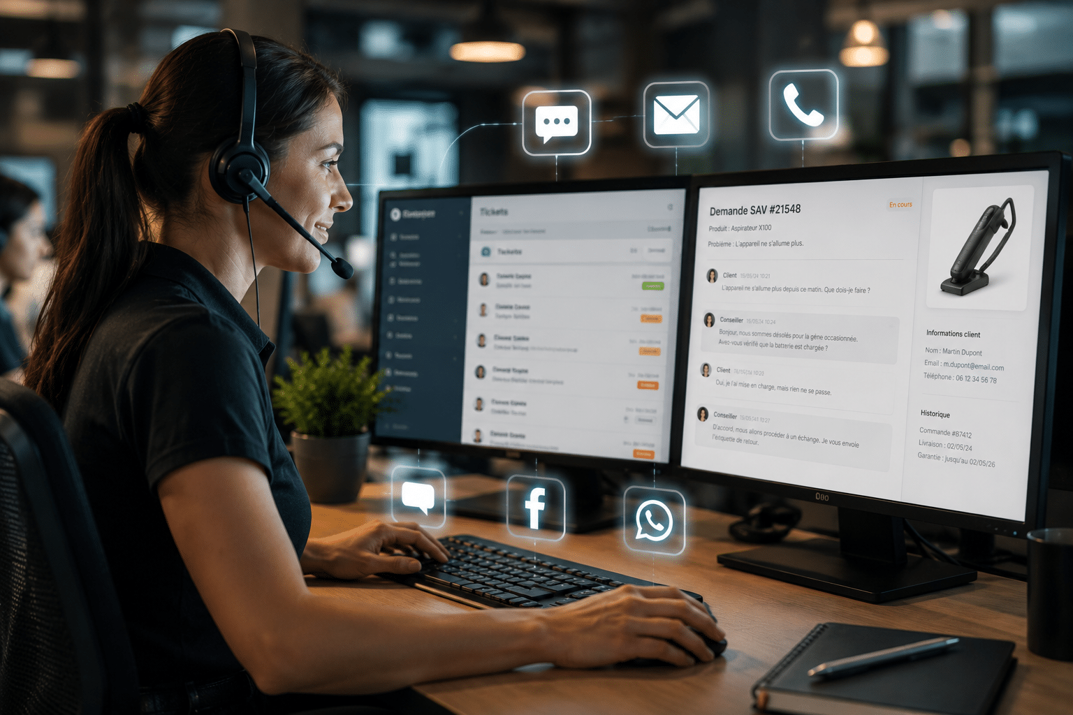 Téléconseillère gérant un SAV multicanal avec téléphone, email, chat et réseaux sociaux