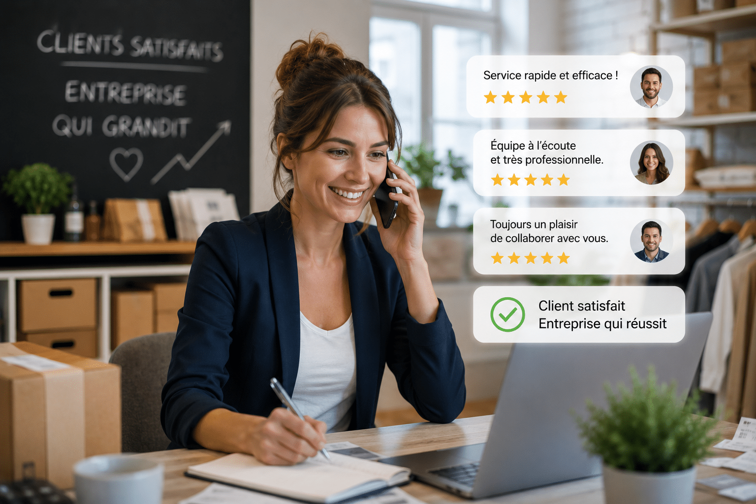 Conseillère au téléphone assurant le service client d’une PME avec avis clients satisfaits