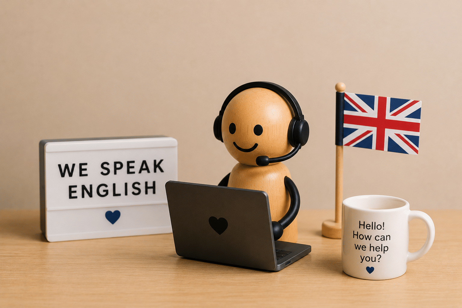 Standard téléphonique en anglais : externalisation de l'accueil bilingue à un centre d'appels en France, figurine avec casque et drapeau britannique