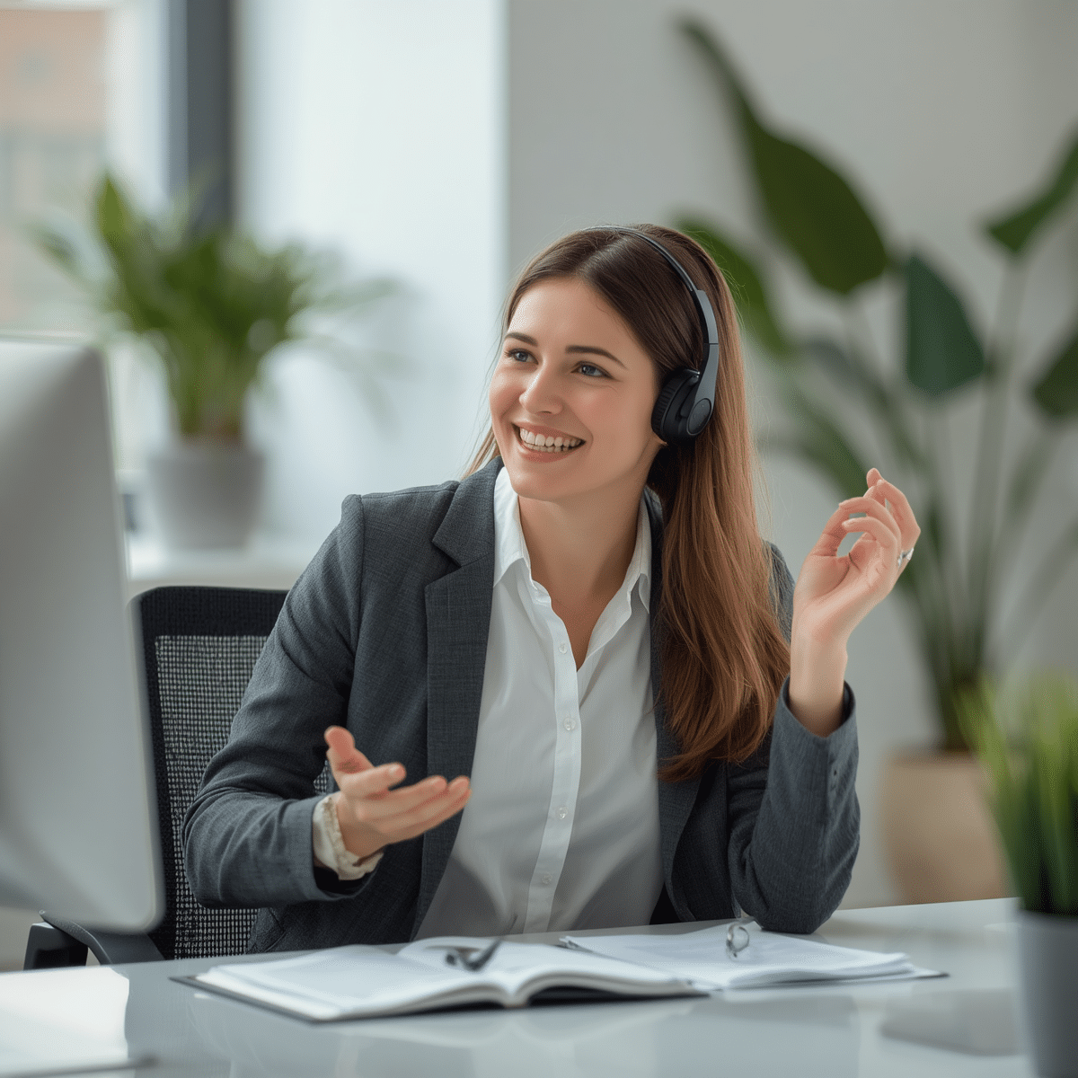 Conseillère clientèle souriante avec casque accompagnant un client depuis un centre de contact