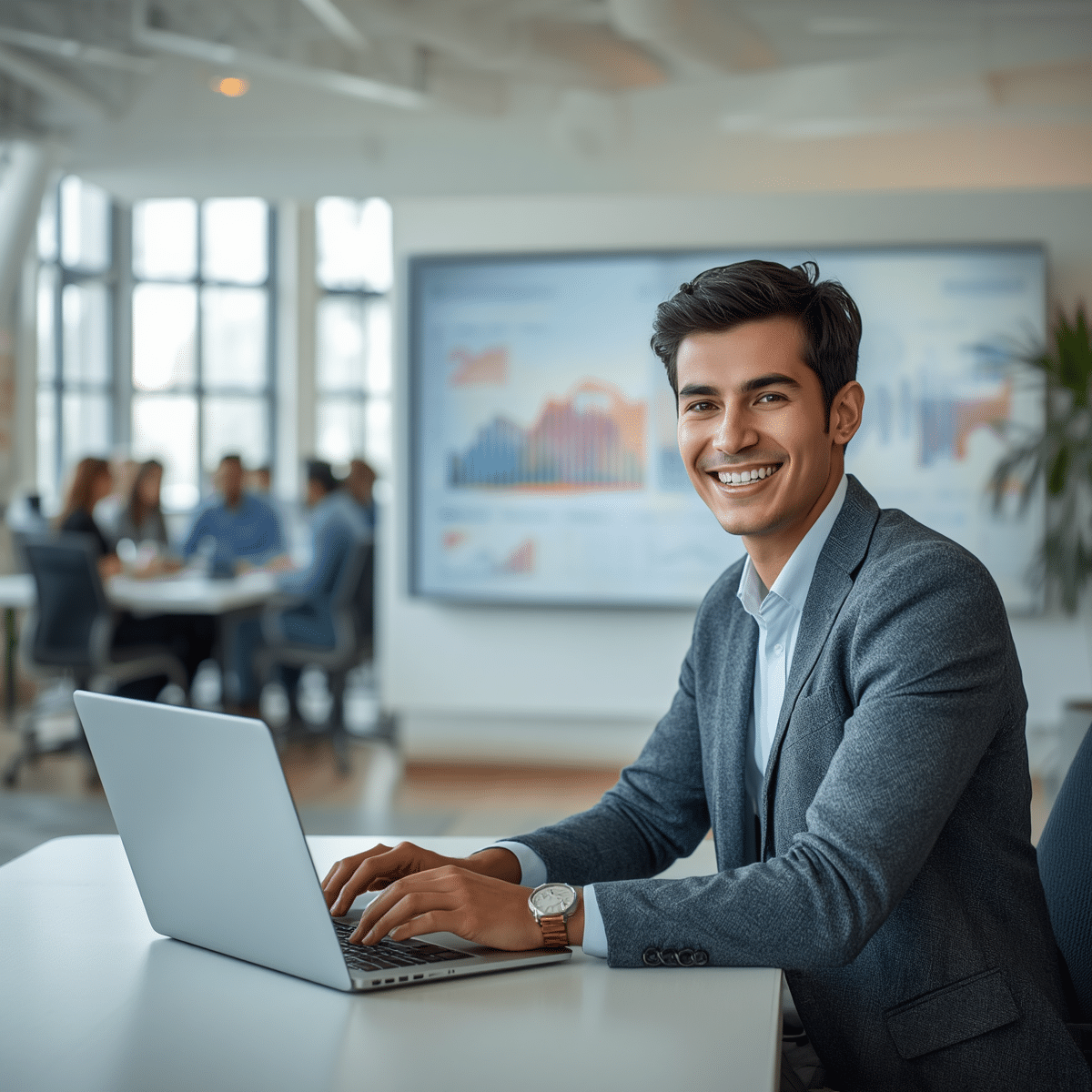 Professionnel en entreprise utilisant un ordinateur portable pendant une réunion d’équipe avec présentation de données