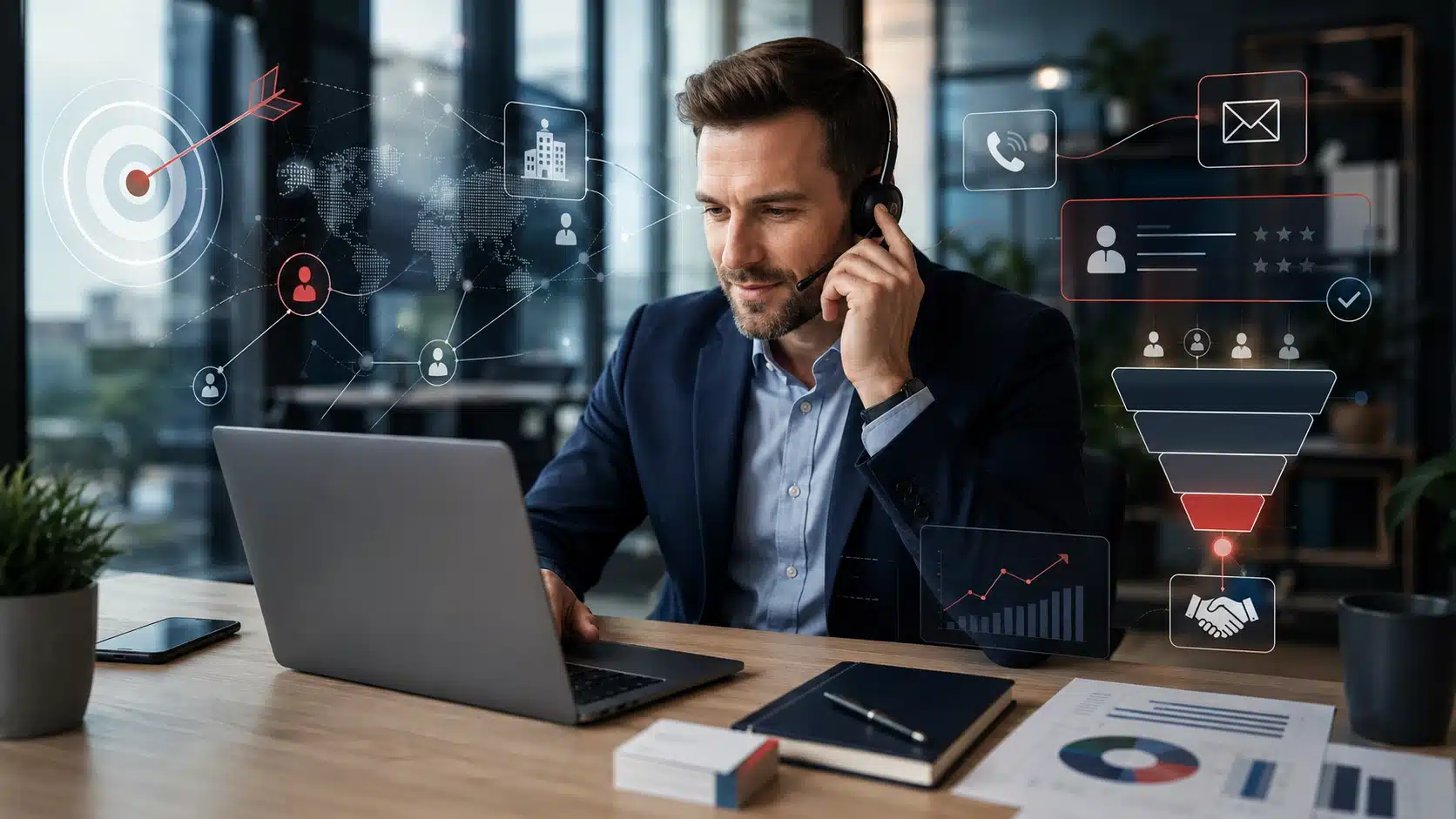 Commercial au téléphone menant une prospection commerciale B2B avec suivi des leads sur ordinateur