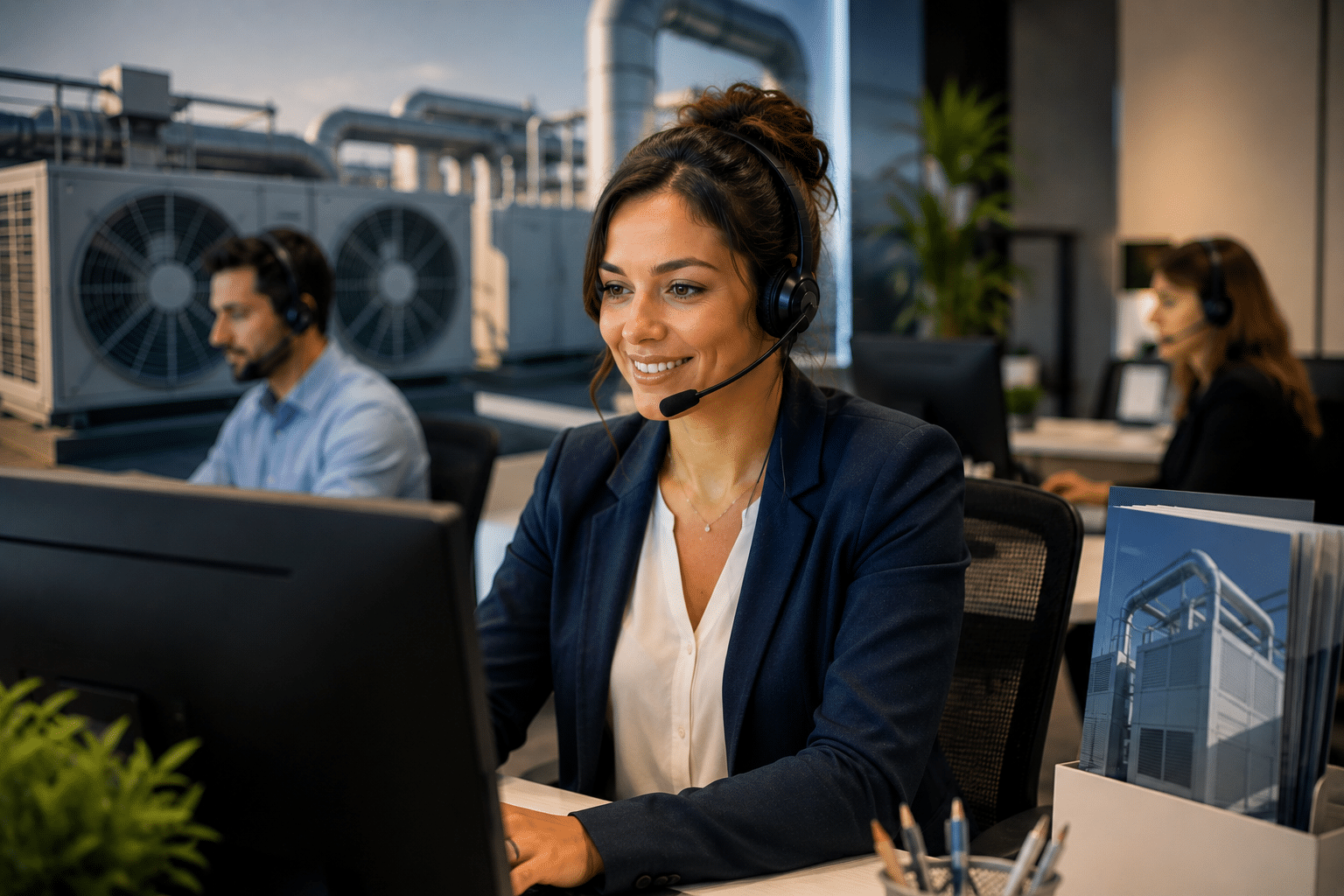 Conseillère clientèle avec casque gérant la relation client d’une entreprise HVAC
