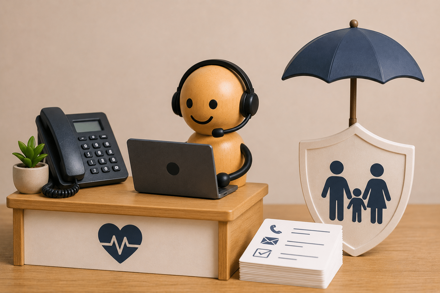 Standard téléphonique externalisé pour mutuelles et assurances : figurine avec casque et bouclier de protection, illustration de l'accueil téléphonique du secteur assurantiel